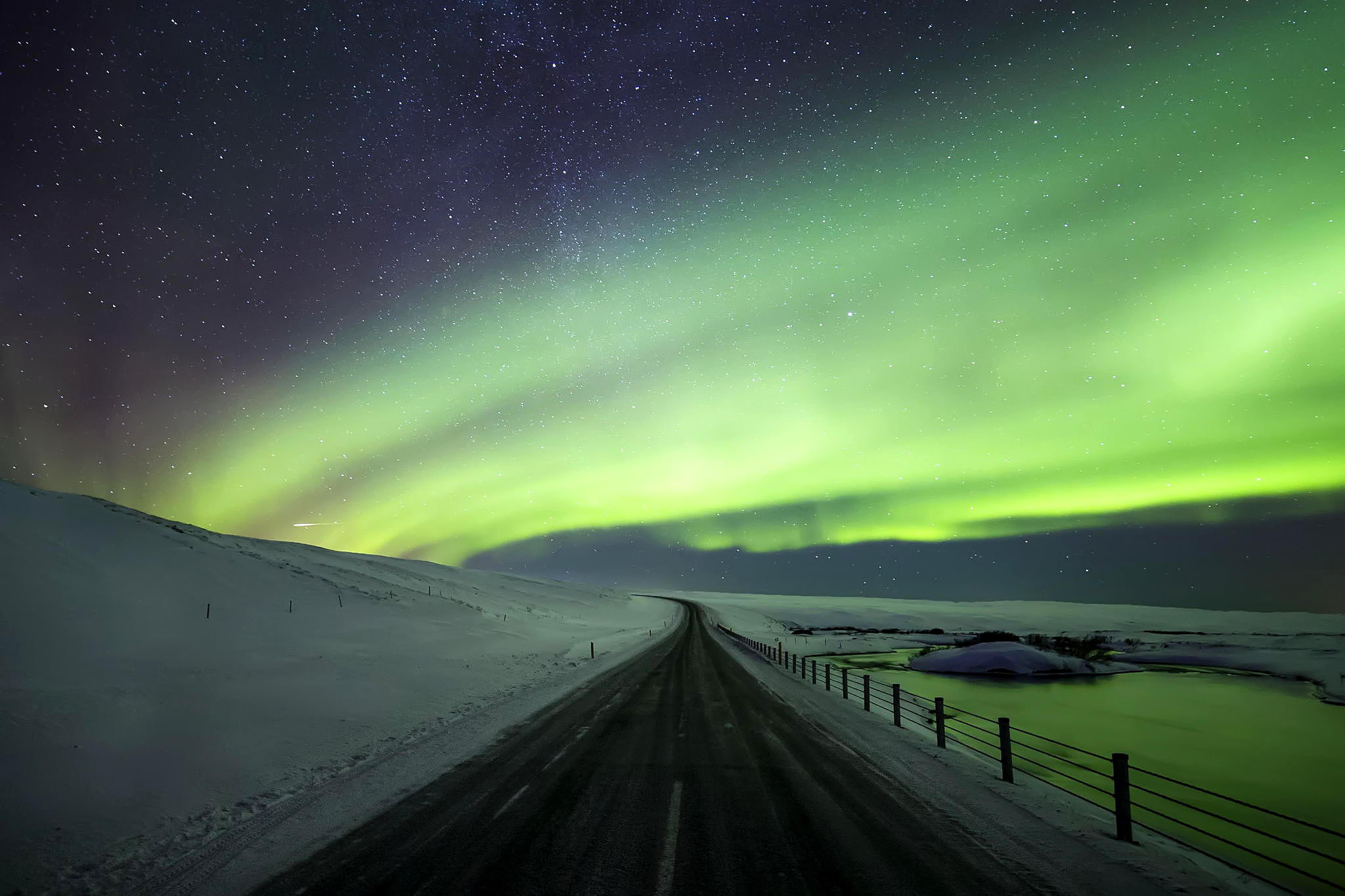 Wallpaper Iceland Northern Lights Winter Snow Road Sky Night
