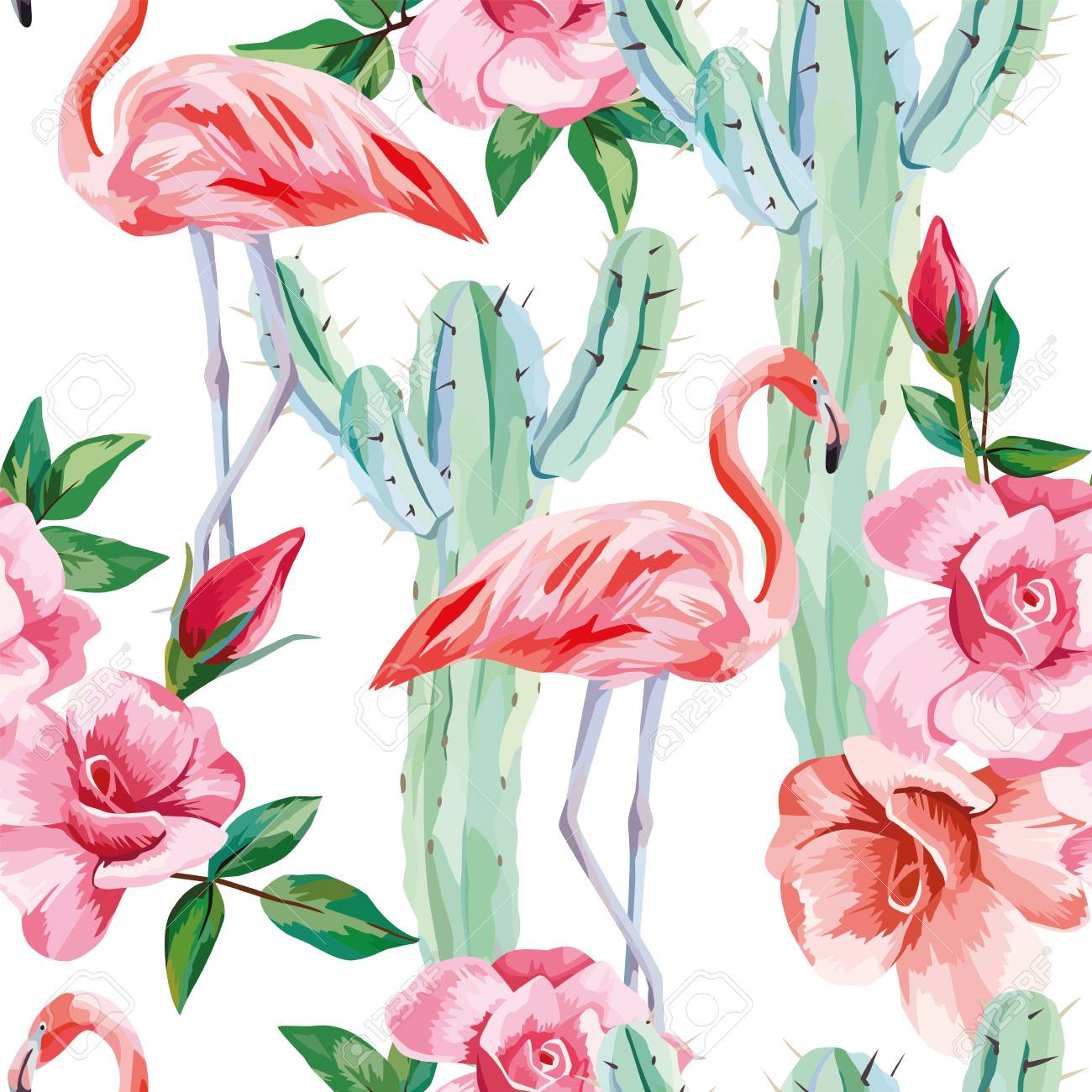 Vector Seamless Position Pink Flamingo Cactus Roses Cool