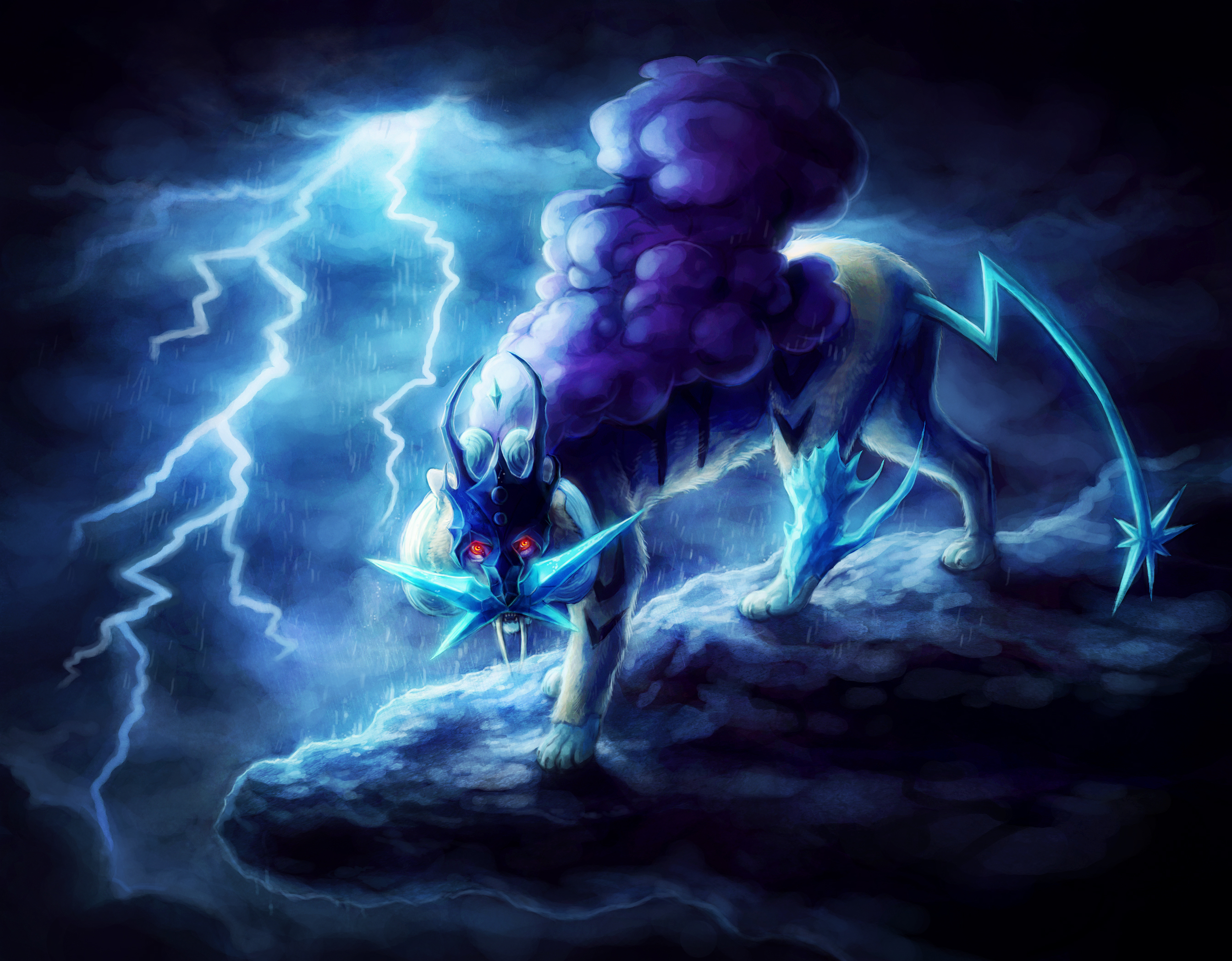 A majestic, saber-toothed Pokemon with a dark, stormy mane stands atop a rocky precipice, illuminated by bolts of lightning. This powerful and ethereal creature exudes an aura of both beauty and danger