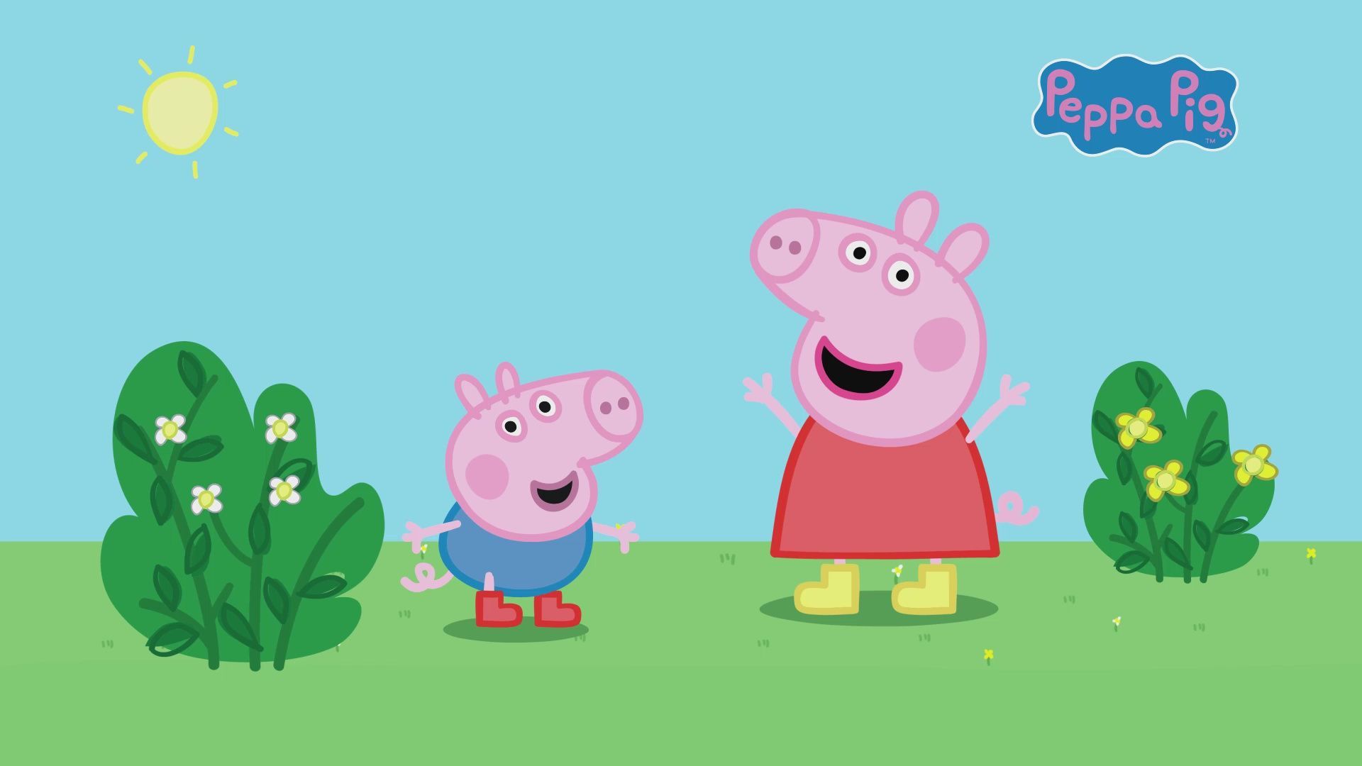 Peppa Pig and George enjoying a sunny day outdoors