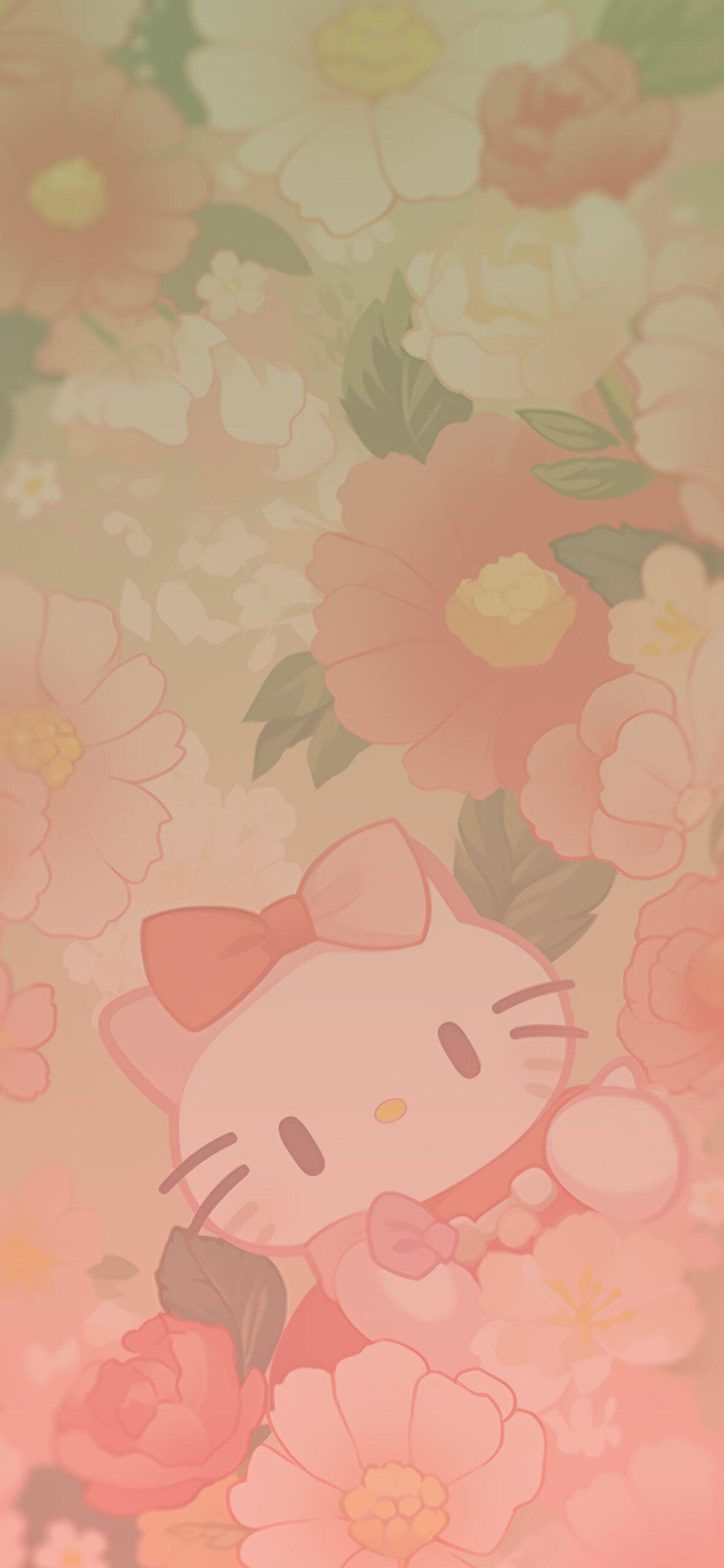 Hello Kitty Among Flowers Beige Wallpaper Spring HD