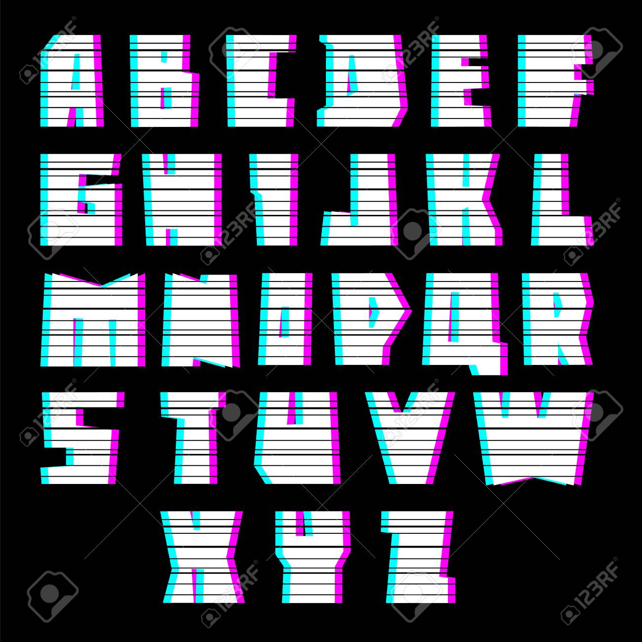 Glitch Alphabet With Interference Uppercase Black Background