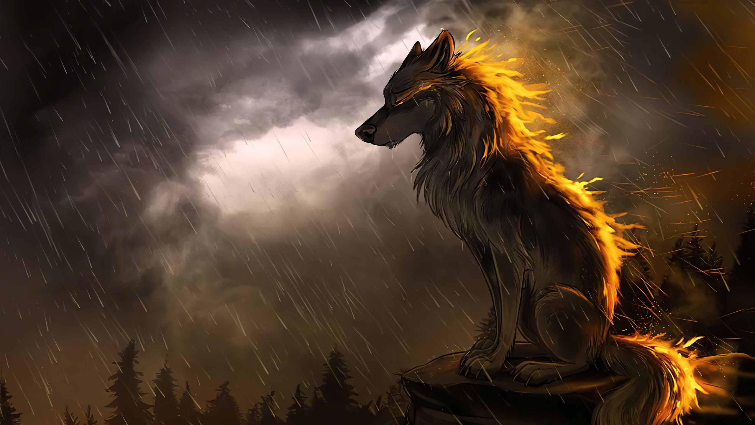 A majestic wolf with fiery mane and tail sits atop a rock in a dark, rainy forest, creating a dramatic and fantastical 4K wallpaper