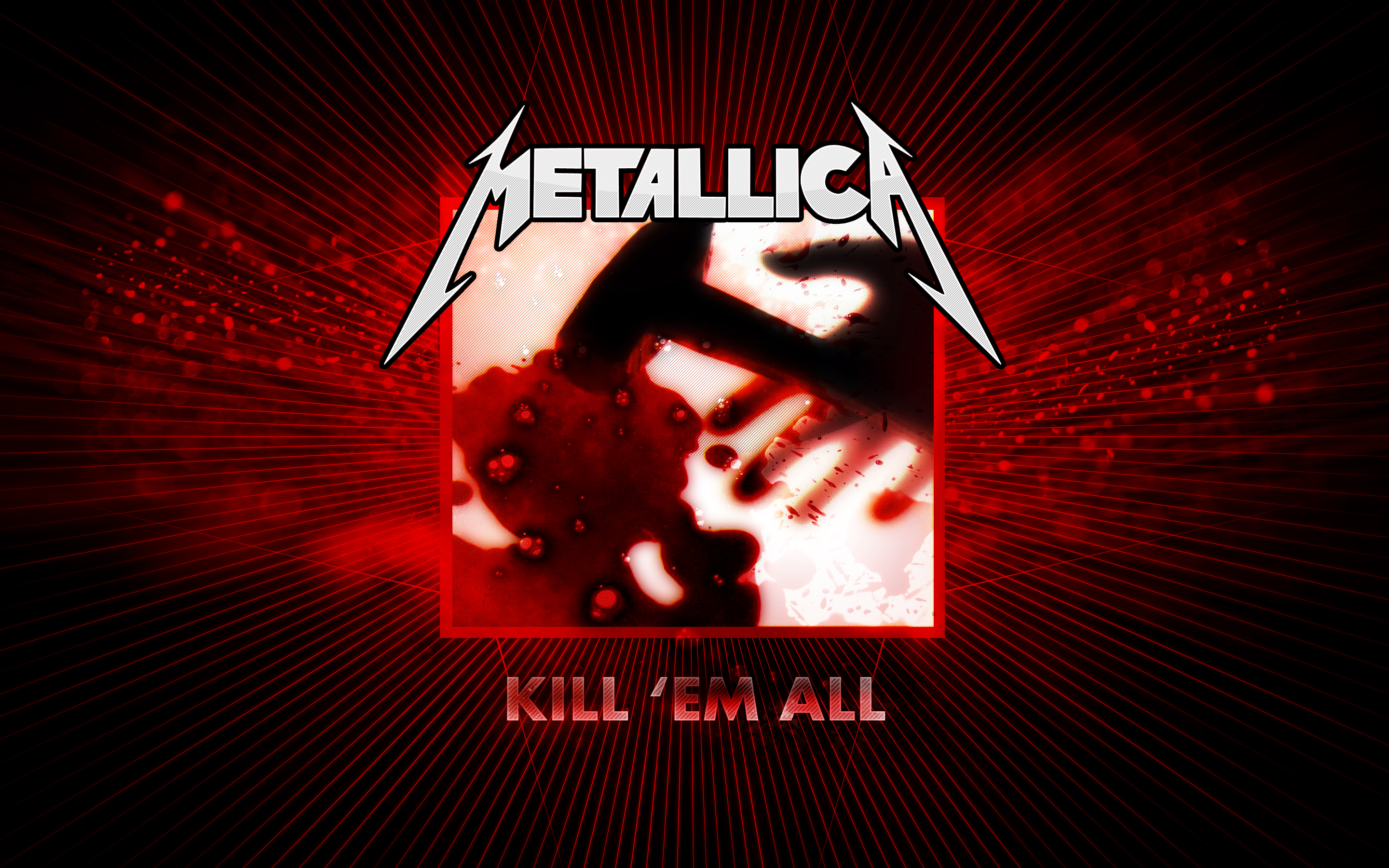 Metallica Kill 'Em All album cover art with a dark red background and bloody handprints