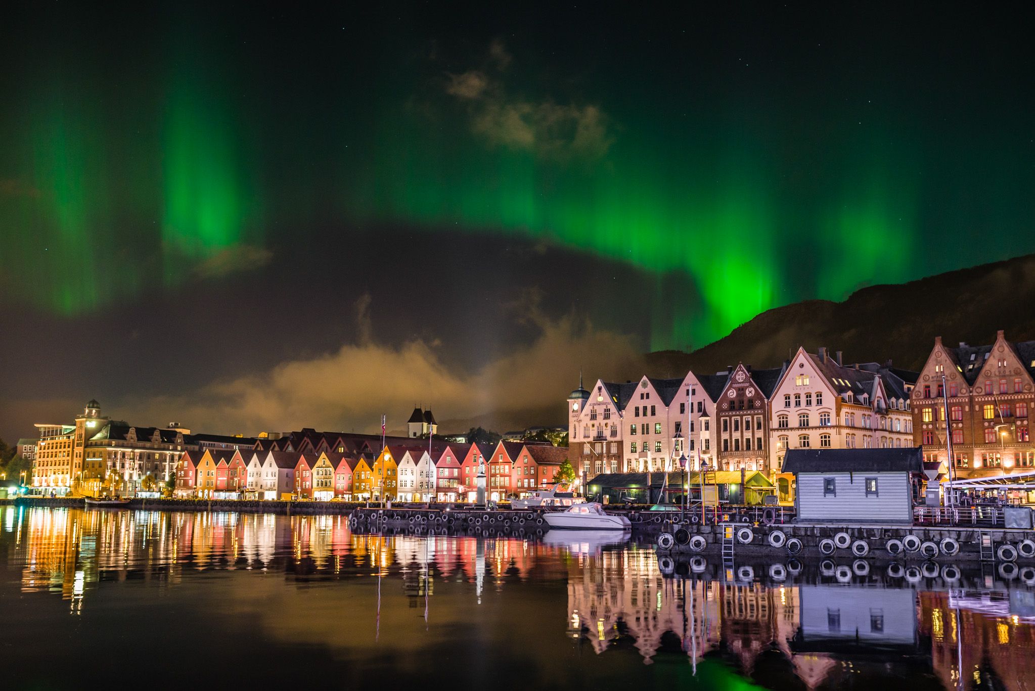 Northern Lights Over The Wharf In Bergen Norway Night Of 14th