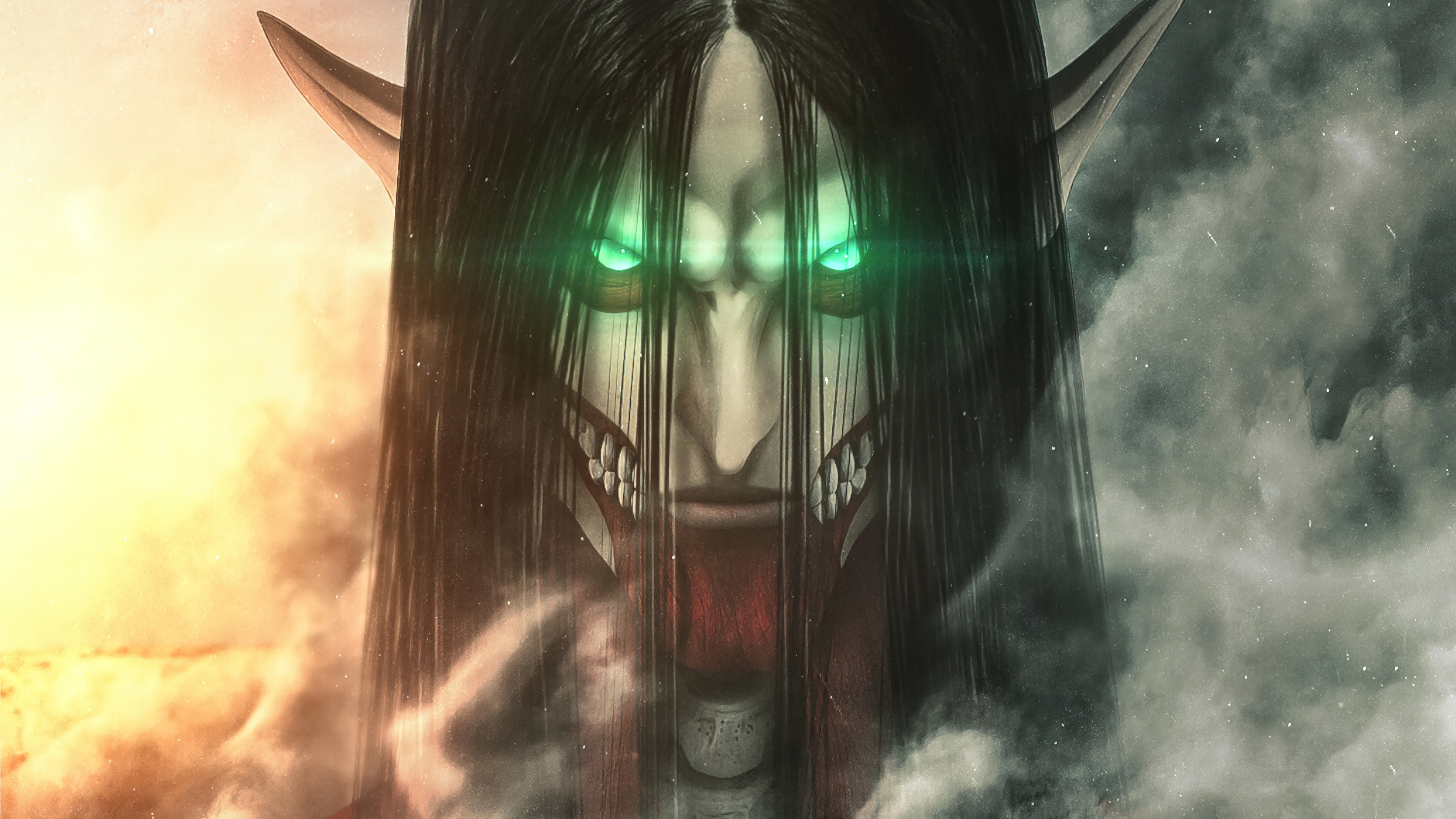 A chilling close-up of Eren Yeager in his Founding Titan form, with glowing green eyes and a menacing grin, set against a smoky, apocalyptic backdrop