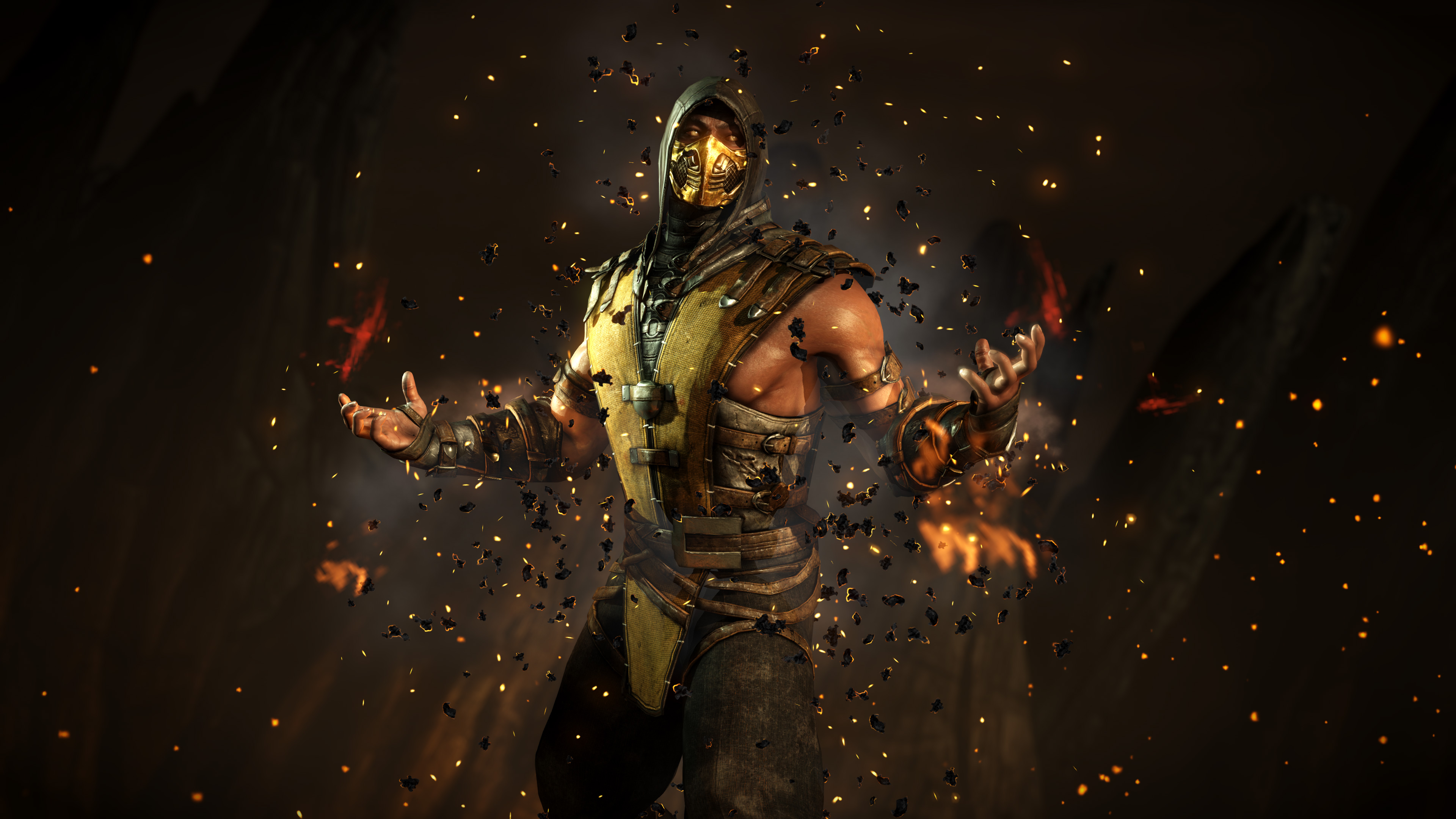 Scorpion from Mortal Kombat unleashes his fiery power in a dynamic action pose