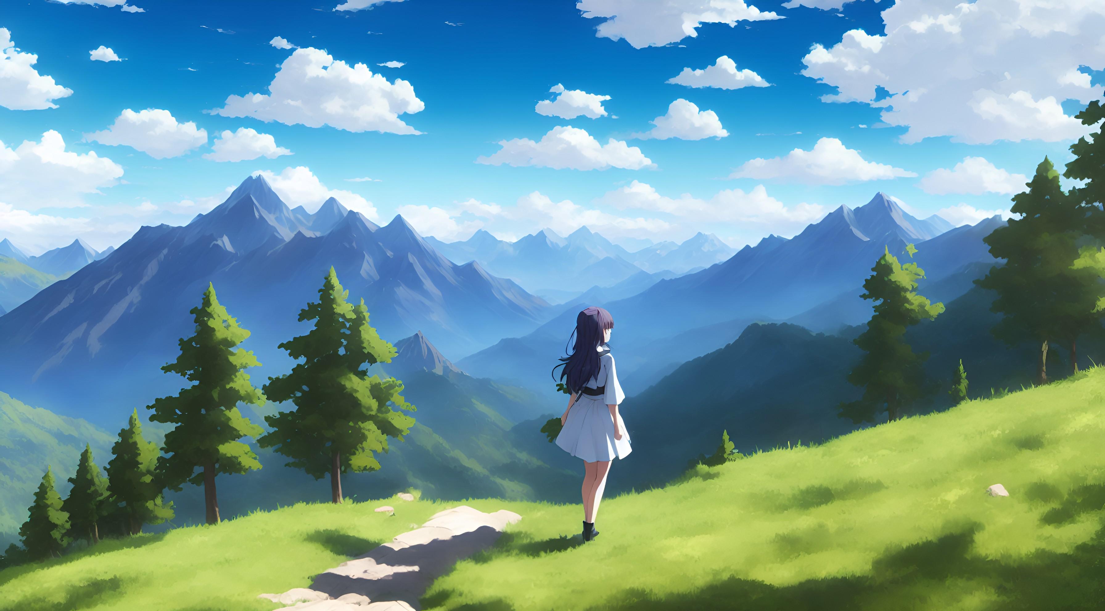 Anime Girl in the Meadow Above the Mountains 4K by Subaru sama