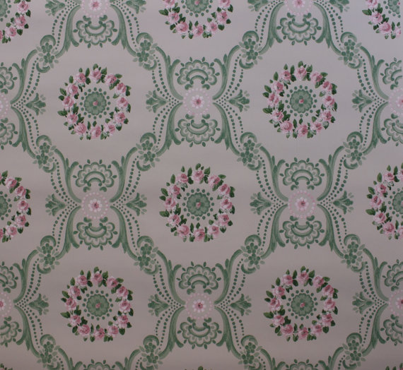 S Vintage Wallpaper Floral Geometric With Pink Roses And Green