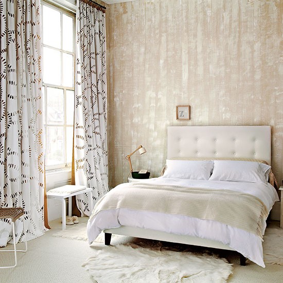 Neutral bedroom with textured wallpaper Neutral bedroom design ideas
