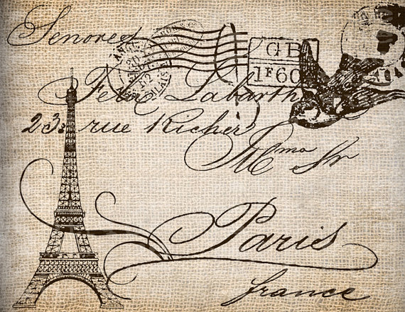 Antique Sepia Paris French Bird Eiffel Tower Postcard Script