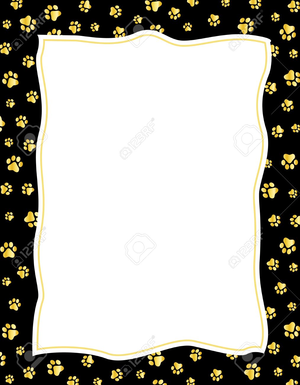 Gold Color Paw Prints On Black Background Border Frame