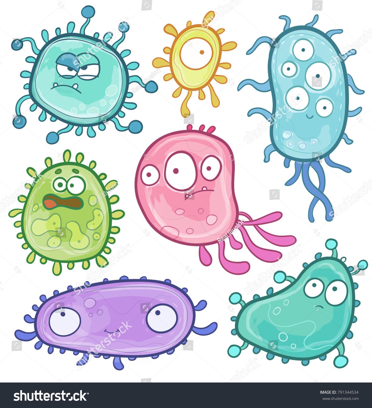 Set Of Cartoon Microbes Germs And Viruses Bacteria