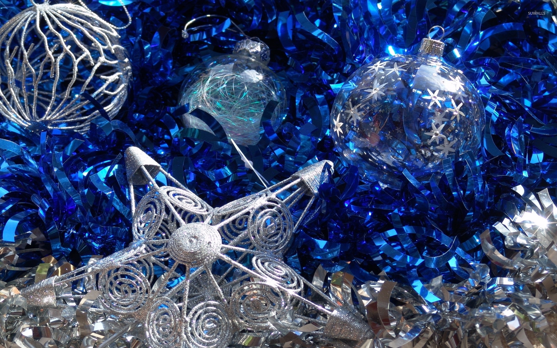 Silver Baubles On Blue Ribbon Wallpaper Holiday