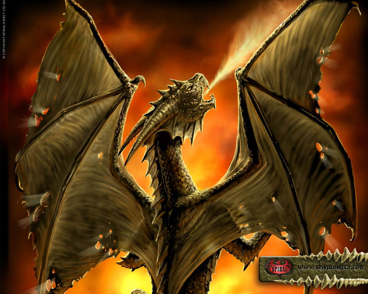 A majestic golden dragon breathes fire against a fiery backdrop in this stunning fantasy wallpaper