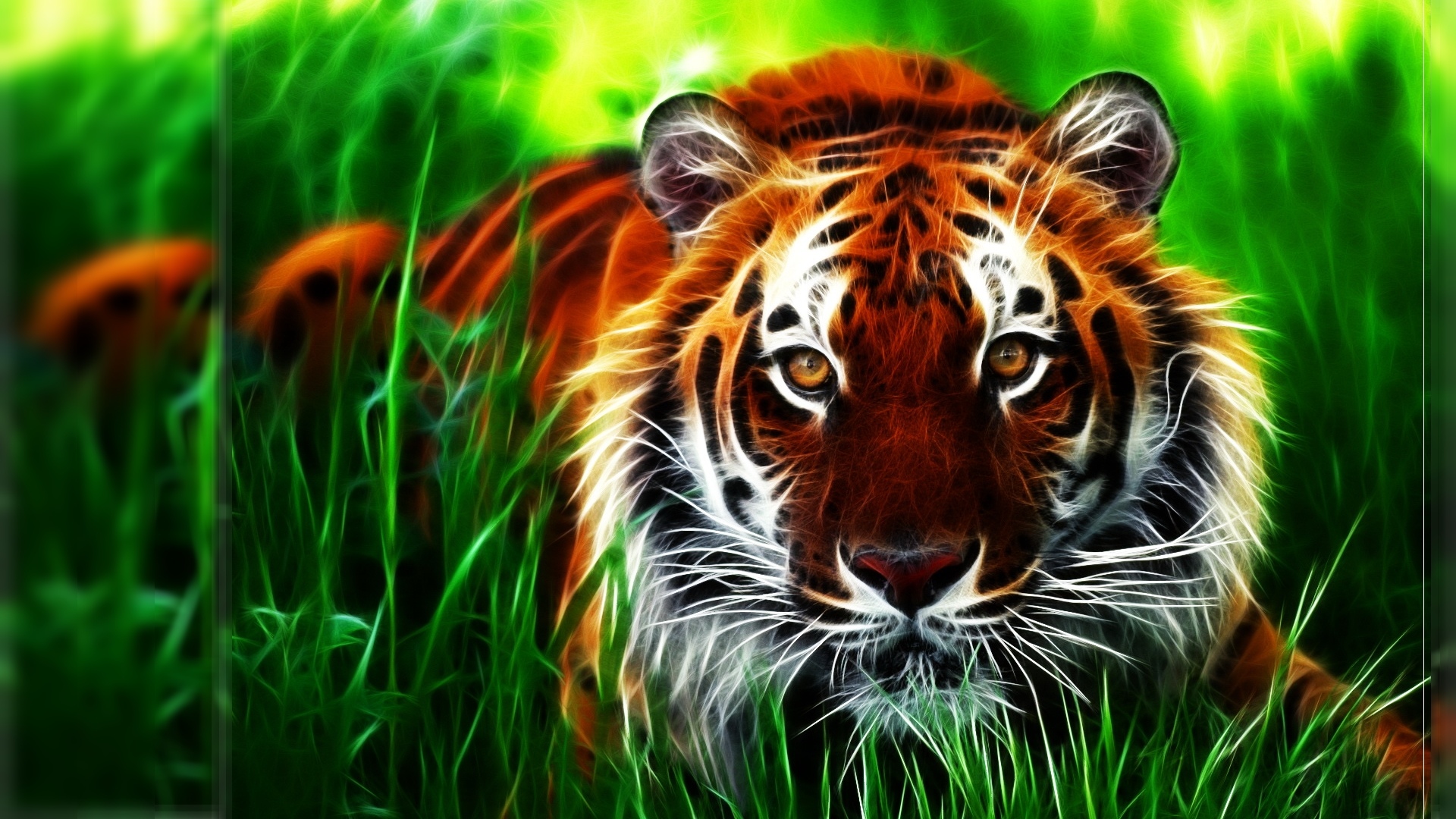 Tiger Fractal Face Eyes Pattern Stripes Grass Art Wallpaper Background
