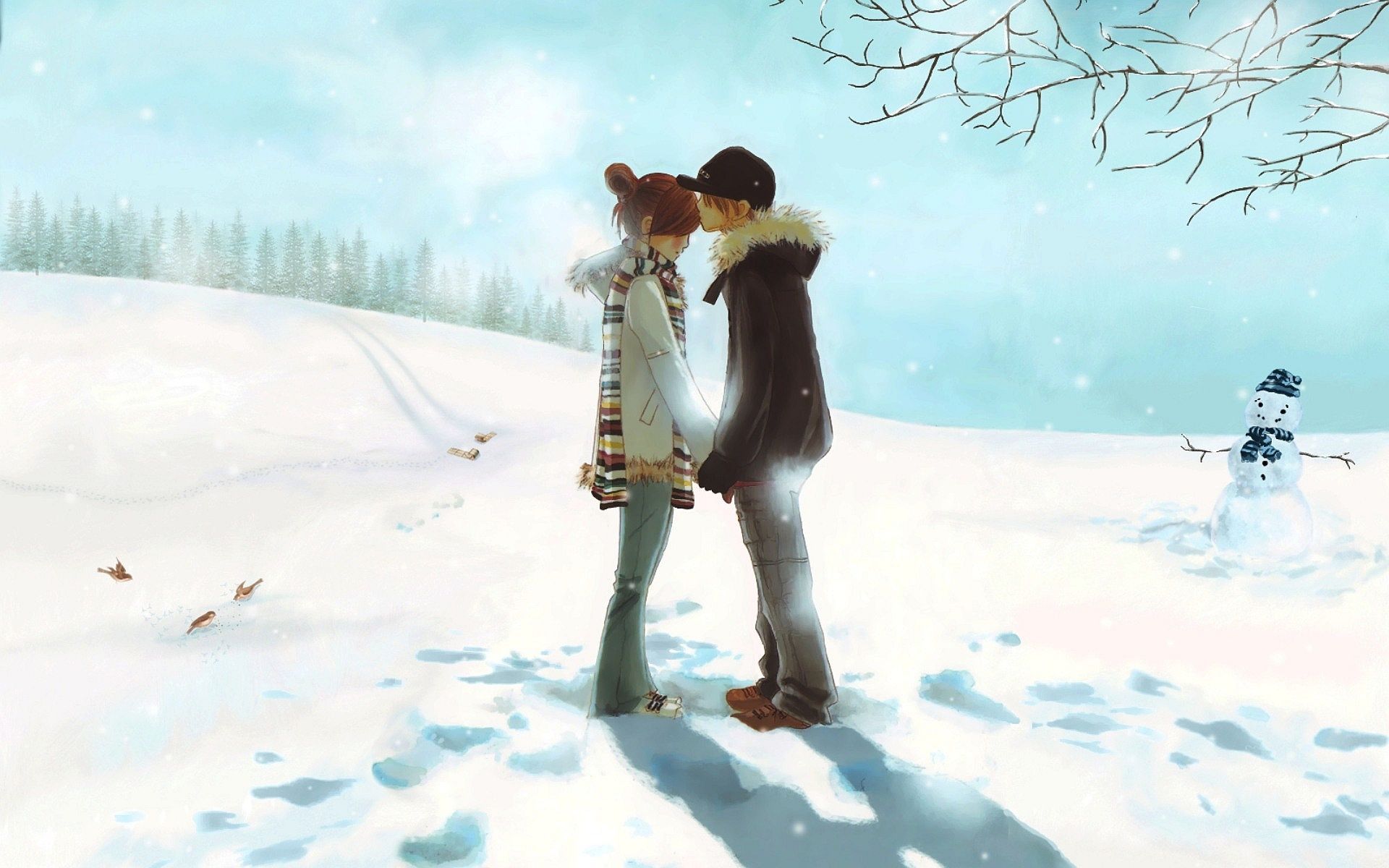 Cute Snow Couple Love Wallpaper On