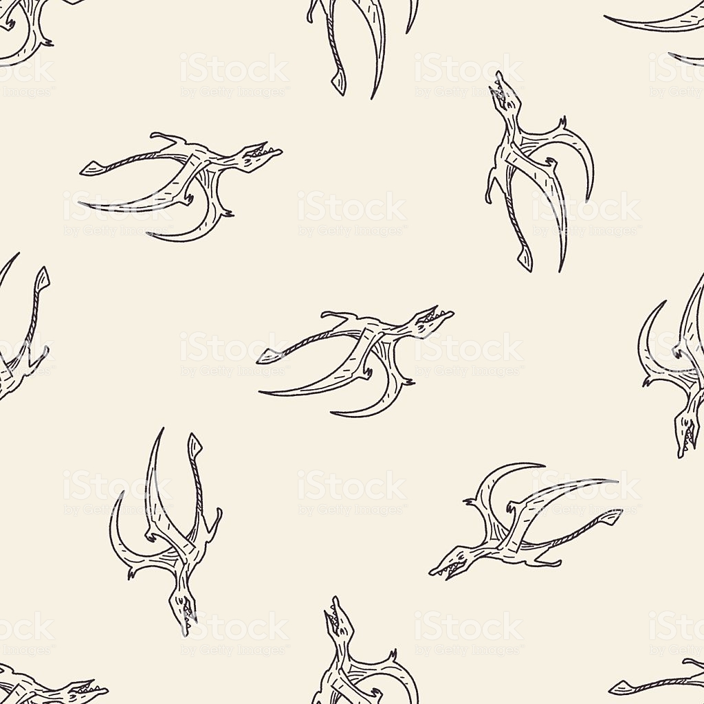 Pterodactyl Dinosaur Doodle Seamless Pattern Background Stock