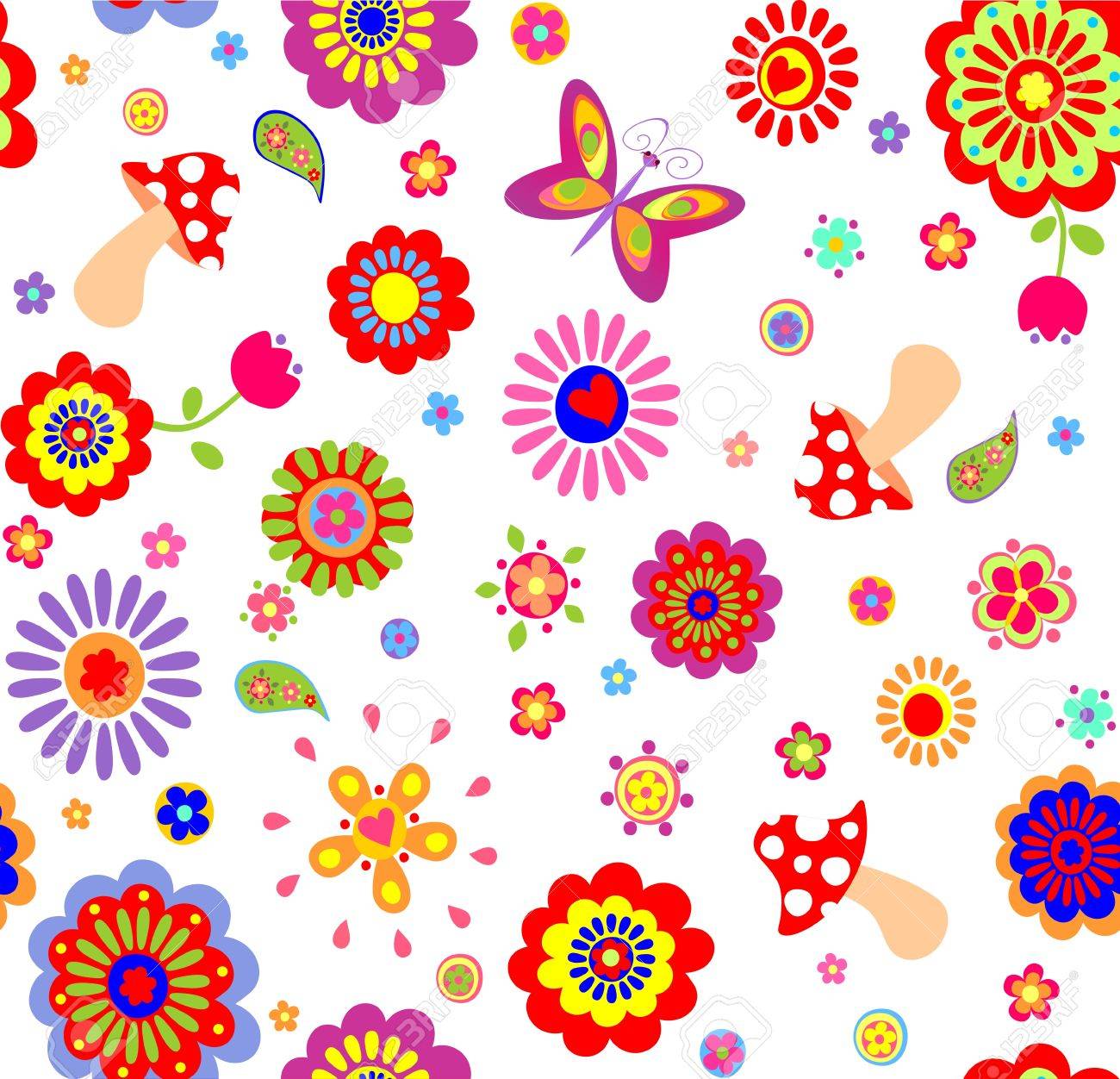Childish Wallpaper With Colorful Abstract Flowers And Mushrooms