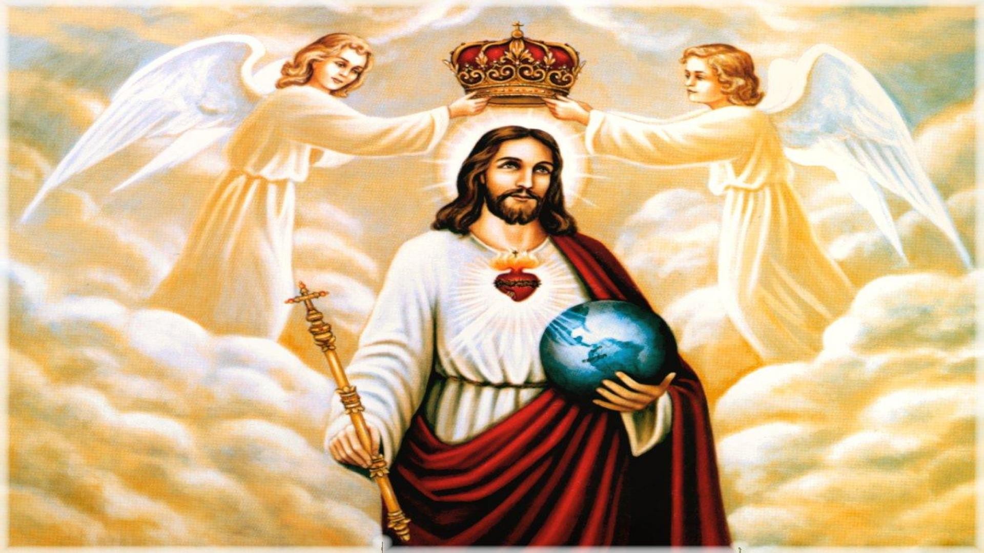 Jesus Christ as King with Angels and Globe Desktop Wallpaper
