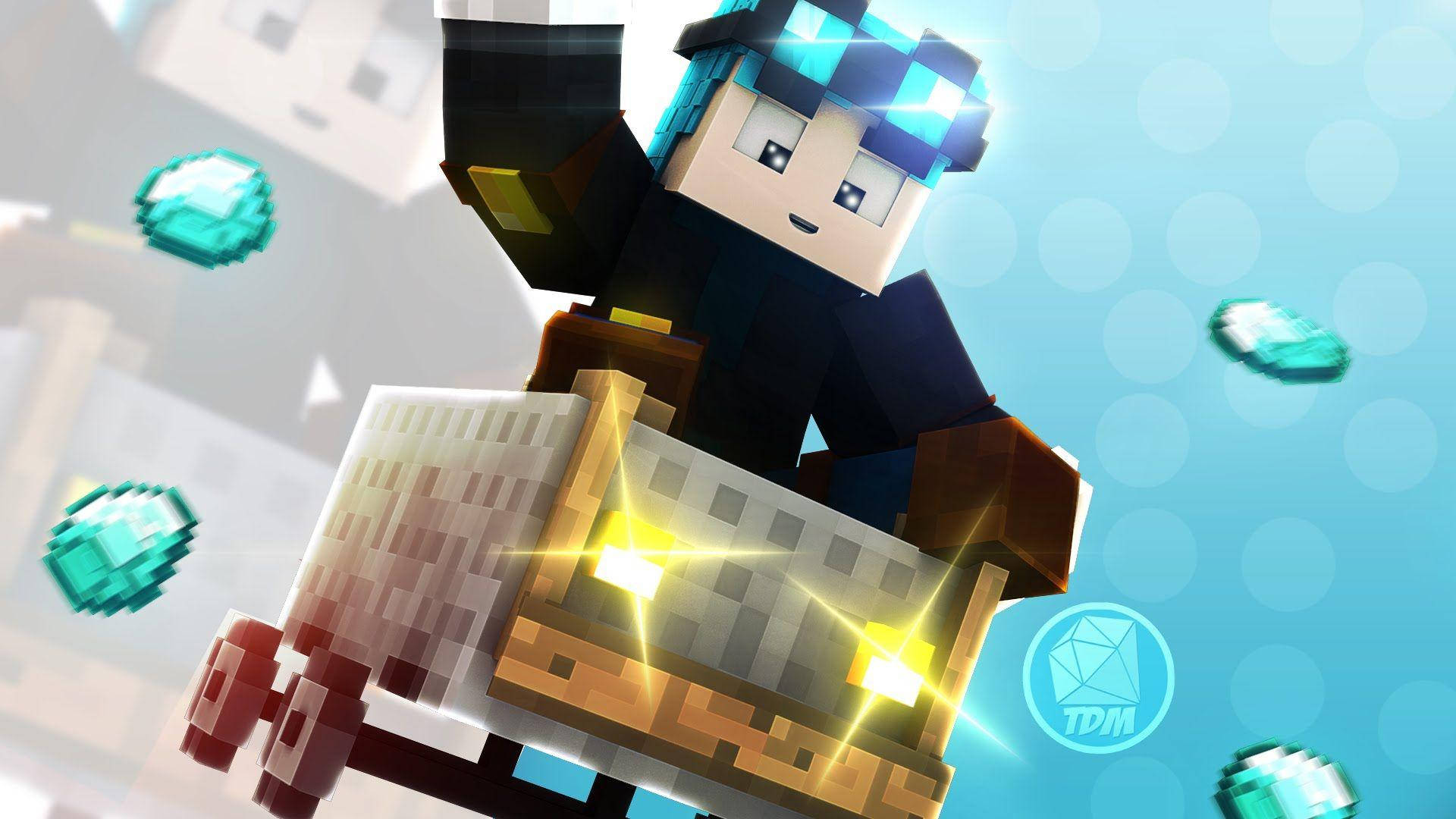 A Minecraft character joyfully riding a minecart, surrounded by sparkling diamonds, against a vibrant blue backdrop