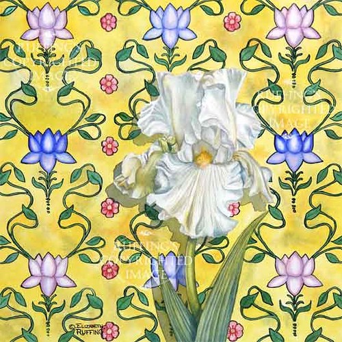White Iris On Yellow Floral Art Nouveau Wallpaper Pattern Giclee Fine