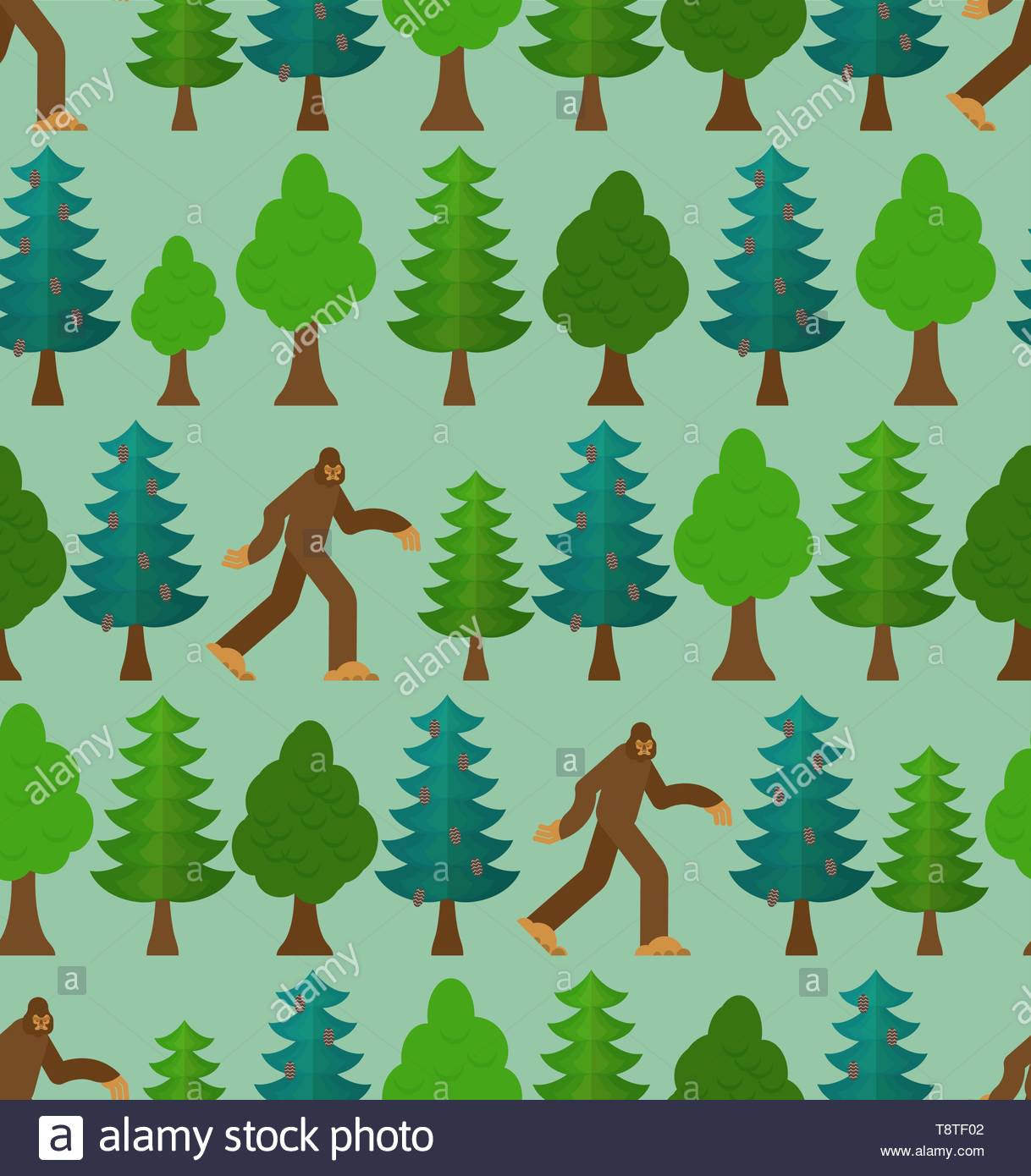 Yeti In Forest Pattern Seamless Bigfoot And Trees Background