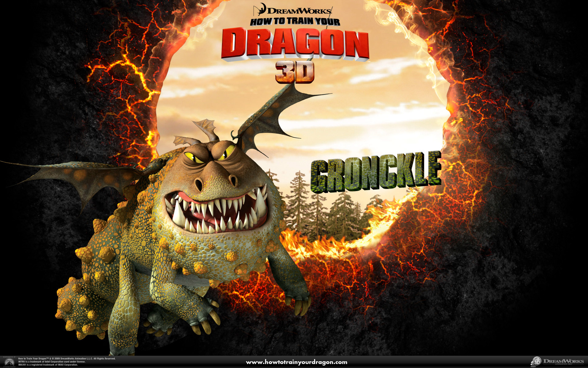 Gronckle, the friendly dragon from How to Train Your Dragon, against a fiery backdrop