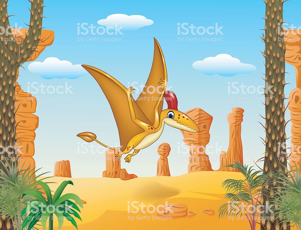Cartoon Funny Pterodactyl Flying With Prehistoric Background Stock