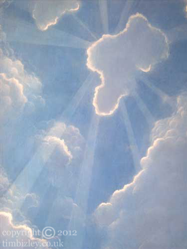 ceiling mural of clouds in a blue sky lit up by sun 375x500