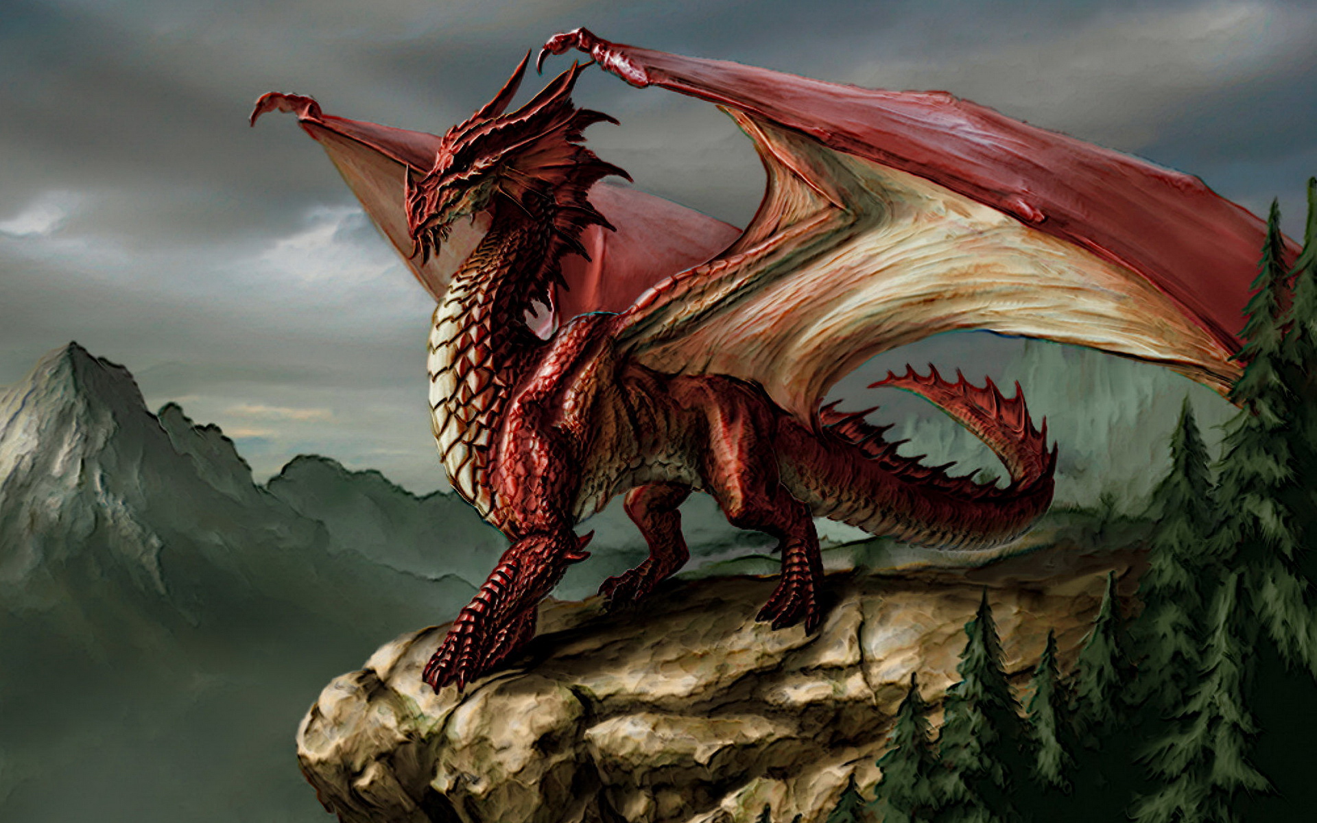 A majestic red dragon perched atop a rocky cliff, overlooking a mountainous landscape. Its large, reddish wings are partially spread, and its scales gleam in the light. The dragon exudes power and a sense of ancient wisdom