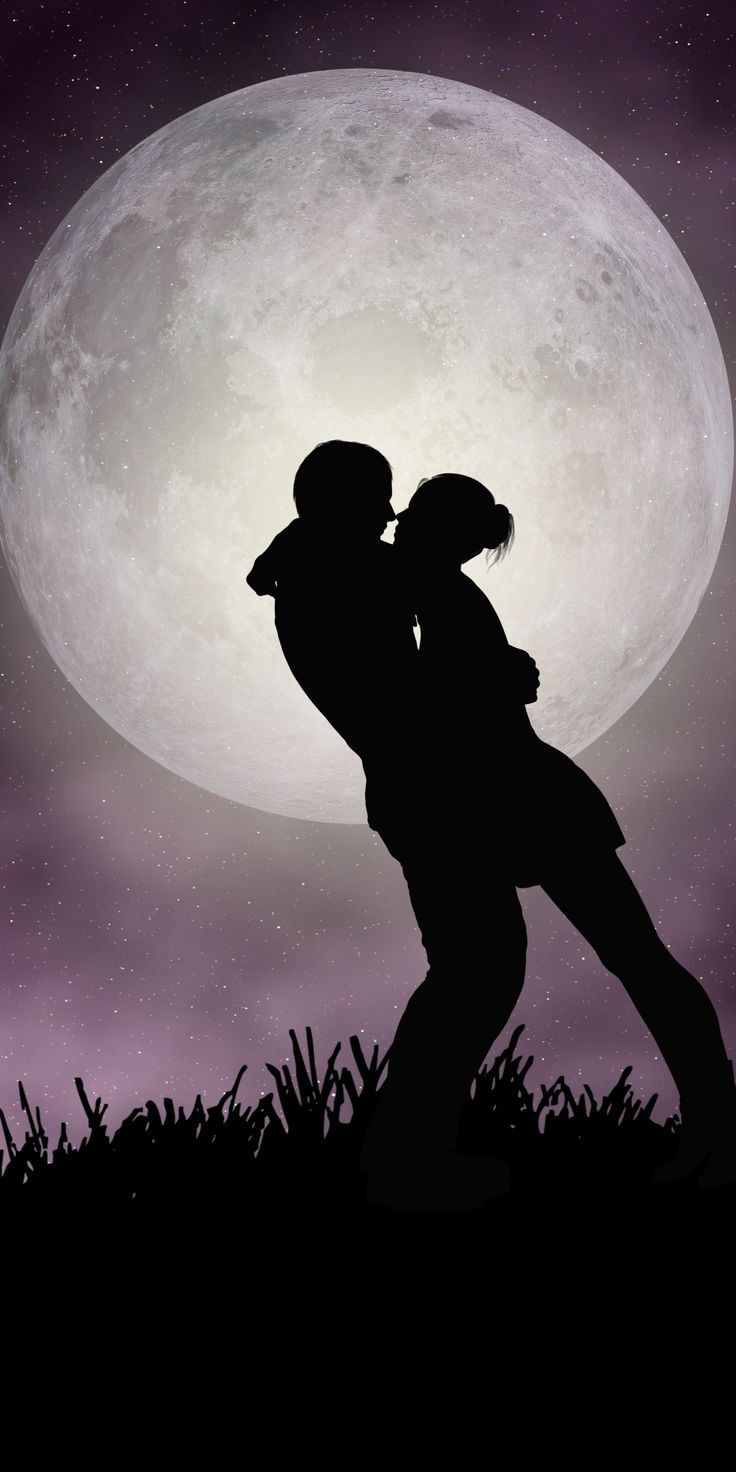 Moon Romantic Night Couple Silhouette Art Wallpaper