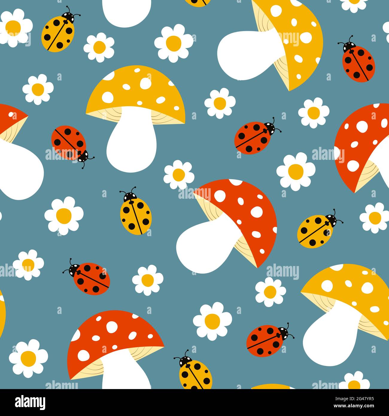 Cute Childish Seamless Pattern With Mushrooms Ladybugs And