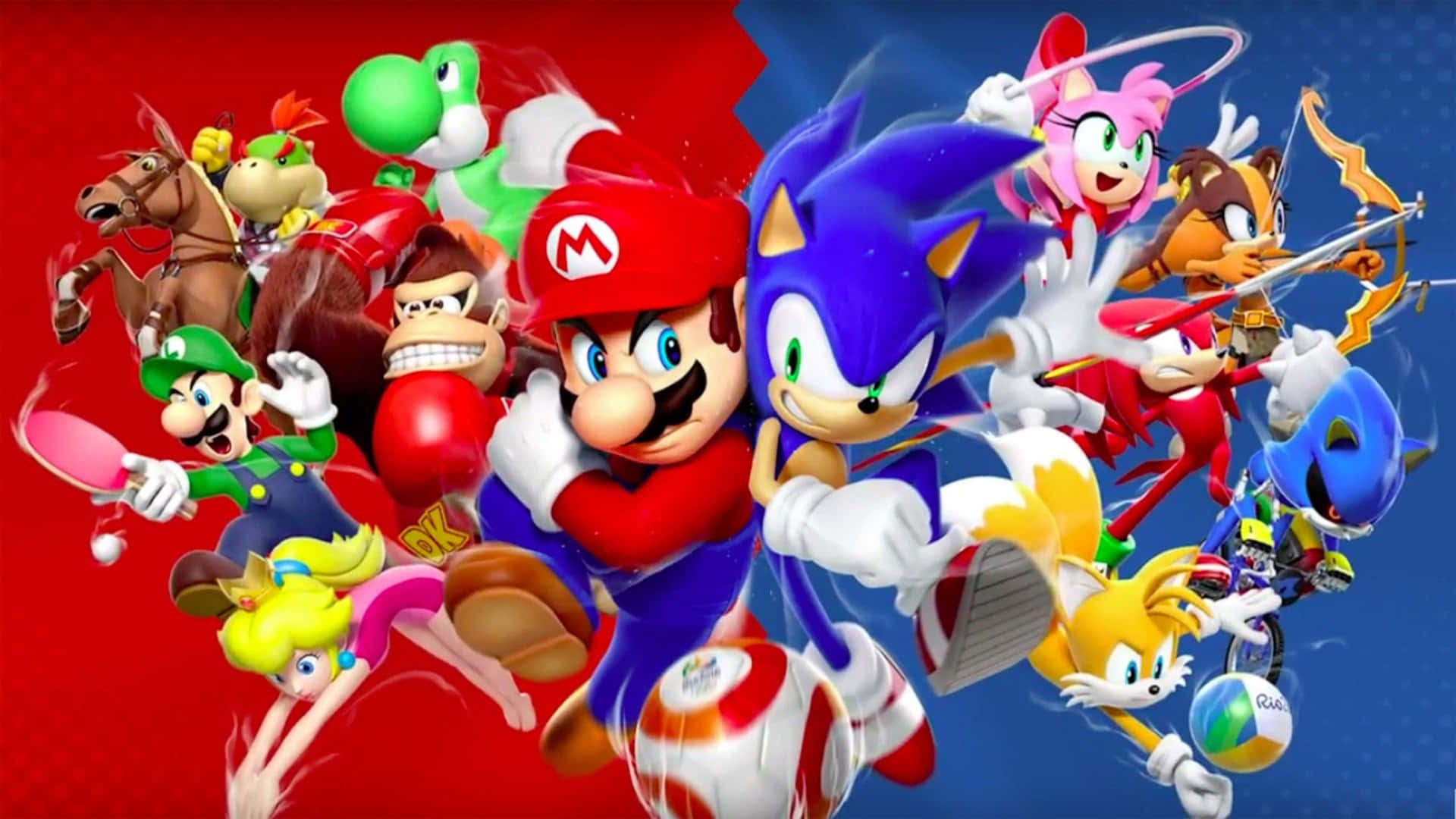 A Group Of Nintendo Characters In Red And Blue Background Wallpaper