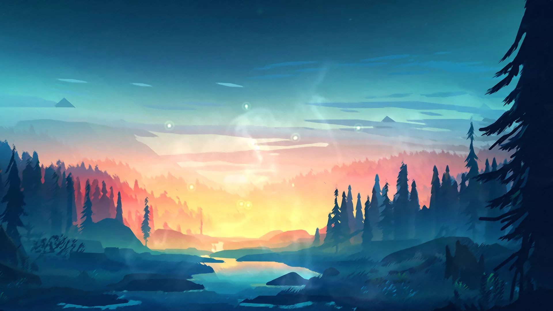A serene digital art landscape at sunset with a river flowing through a forest, featuring a warm color palette and a peaceful atmosphere