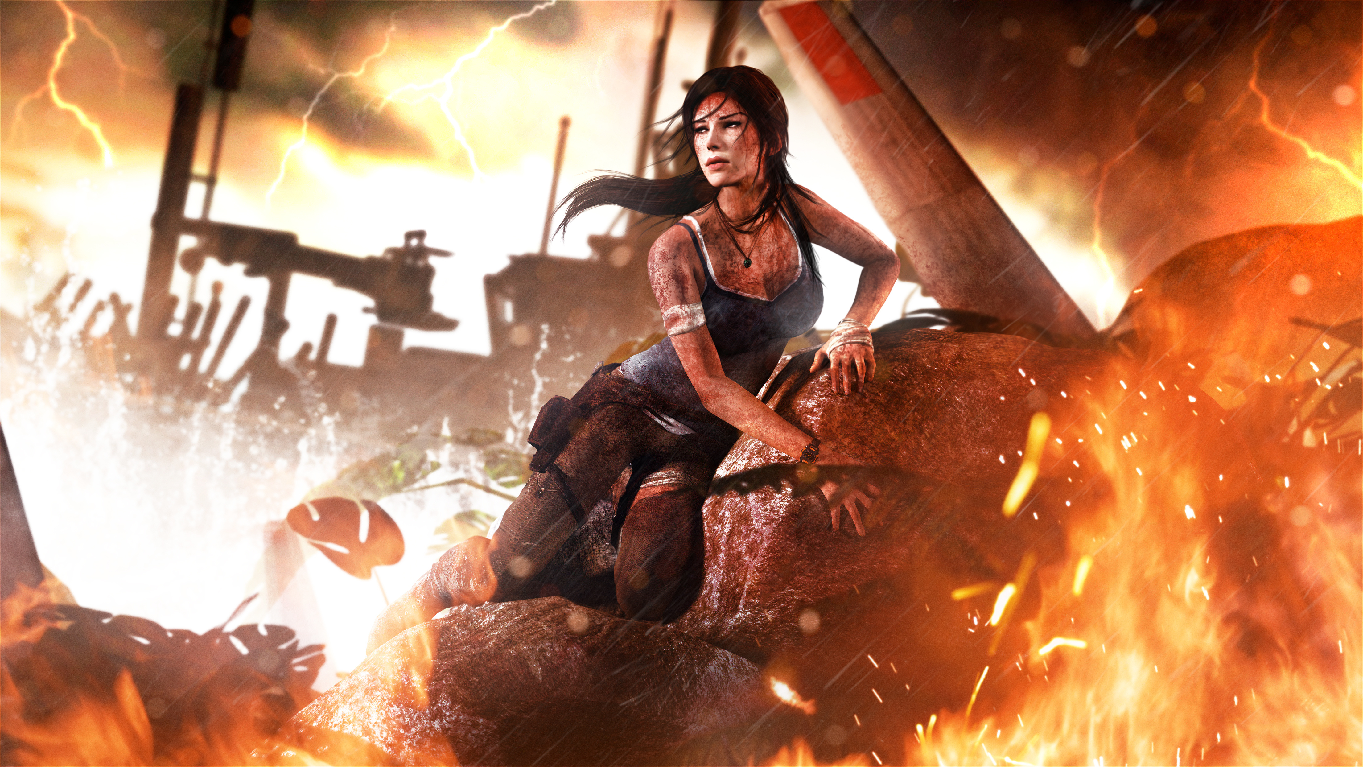 Lara Croft, the Tomb Raider, amidst a fiery shipwreck in a stormy scene