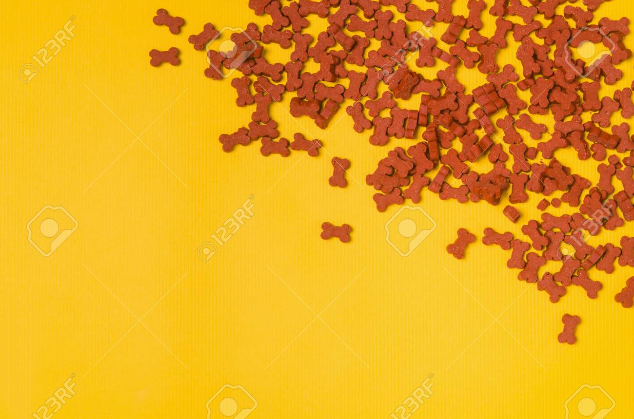 Dry Dog Food On Yellow Background Top Pet Feeding Concept