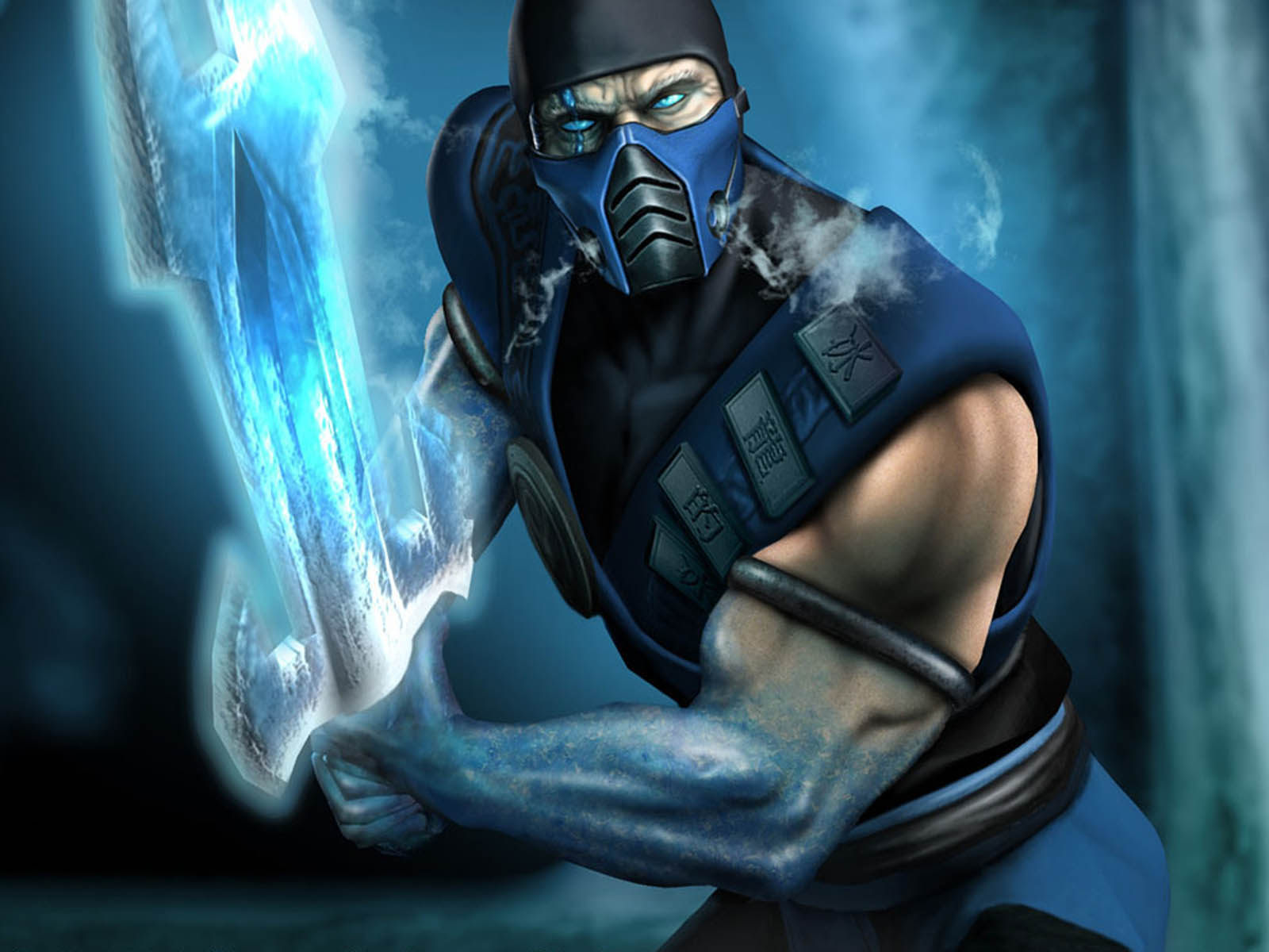 Sub-Zero, the iconic ice ninja from Mortal Kombat, wields his ice sword in a dynamic fighting stance