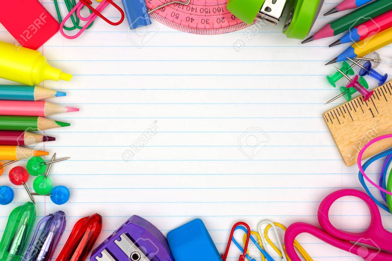 Colorful School Supplies Frame Over A Lined Paper Background Stock