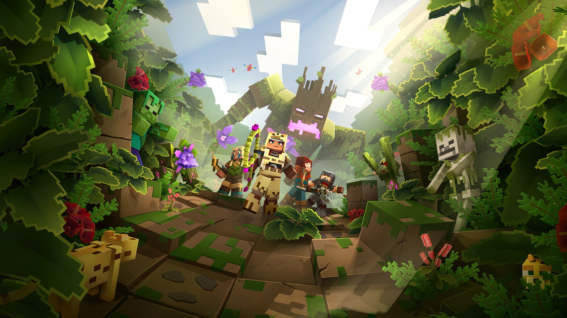 Minecraft characters exploring a lush jungle biome with a giant tree-like creature in the background