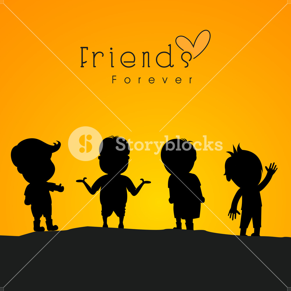Happy Friendship Day Concept With Black Silhouette Of Friends On