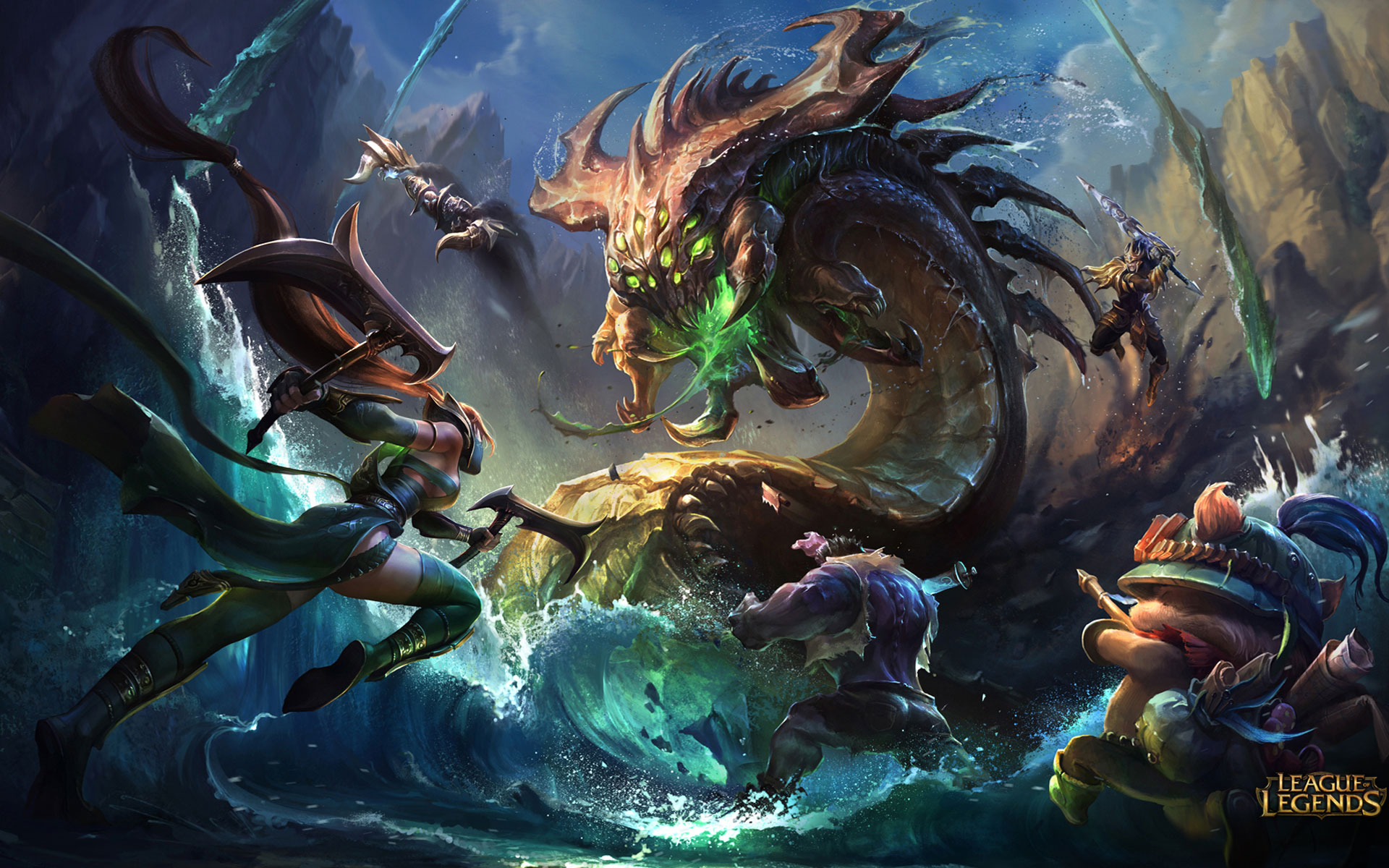 League of Legends champions battling a monstrous creature in a watery environment