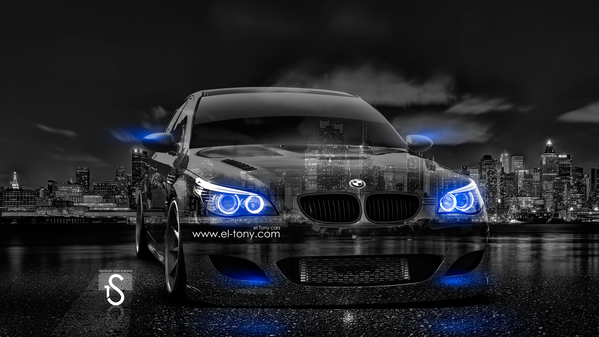 Black BMW M5 with blue neon lights parked in front of a cityscape at night