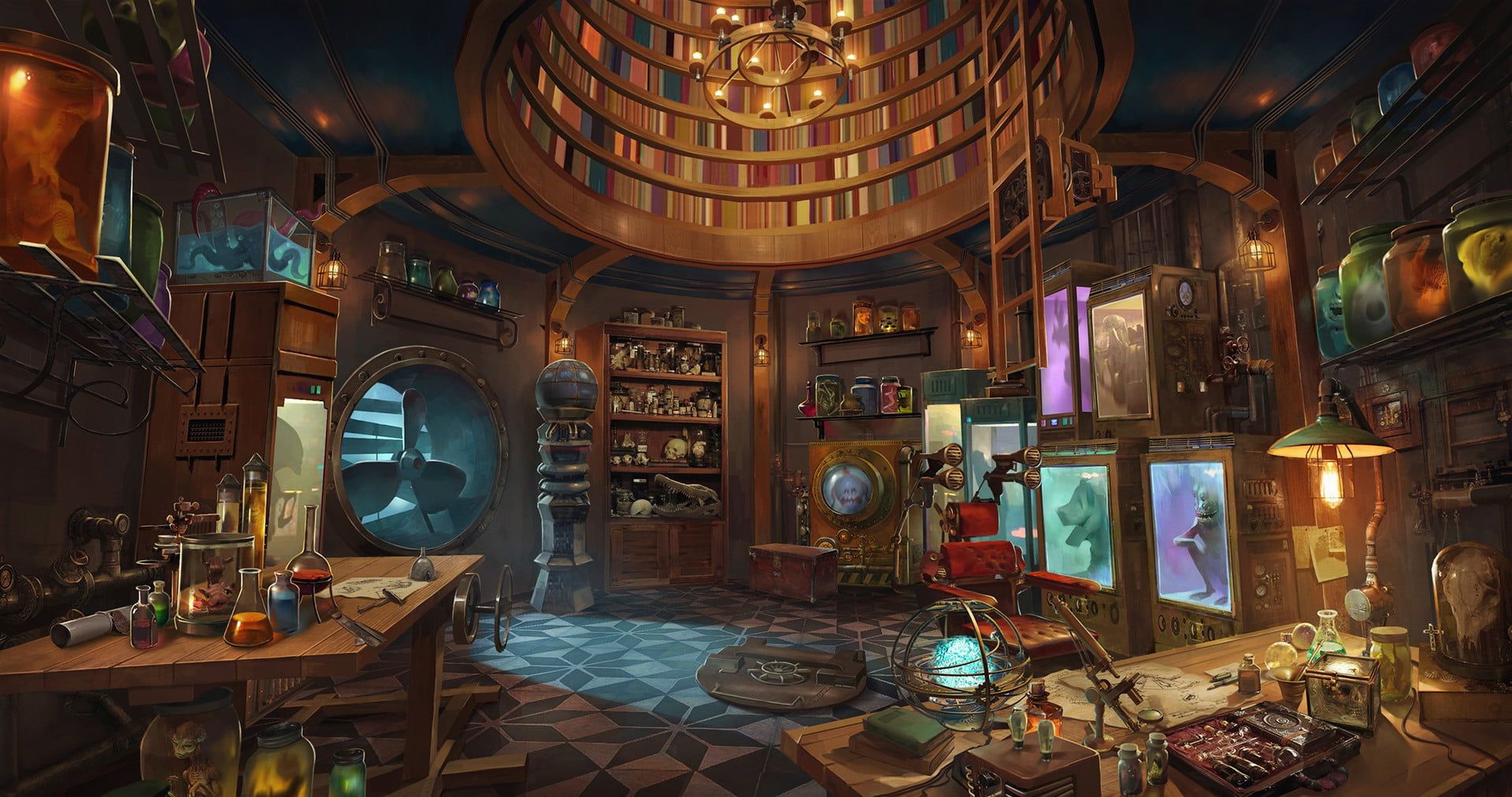 Artwork Fantasy Art Steampunk Room Laboratories 1080p