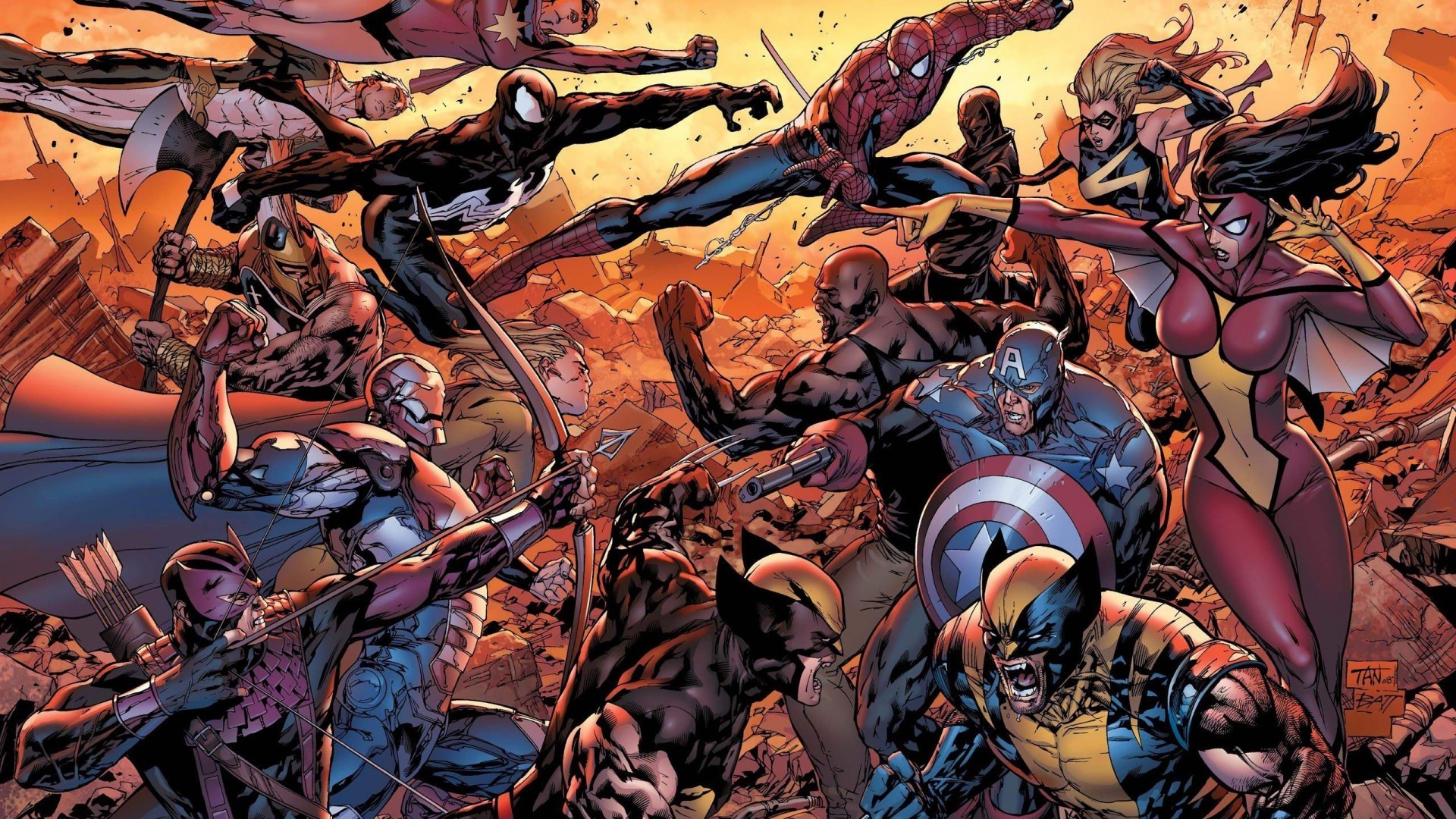 A dramatic illustration of Marvel superheroes clashing in battle, featuring iconic characters like Spider-Man, Captain America, Wolverine, Thor, Hawkeye, Ms. Marvel, and others
