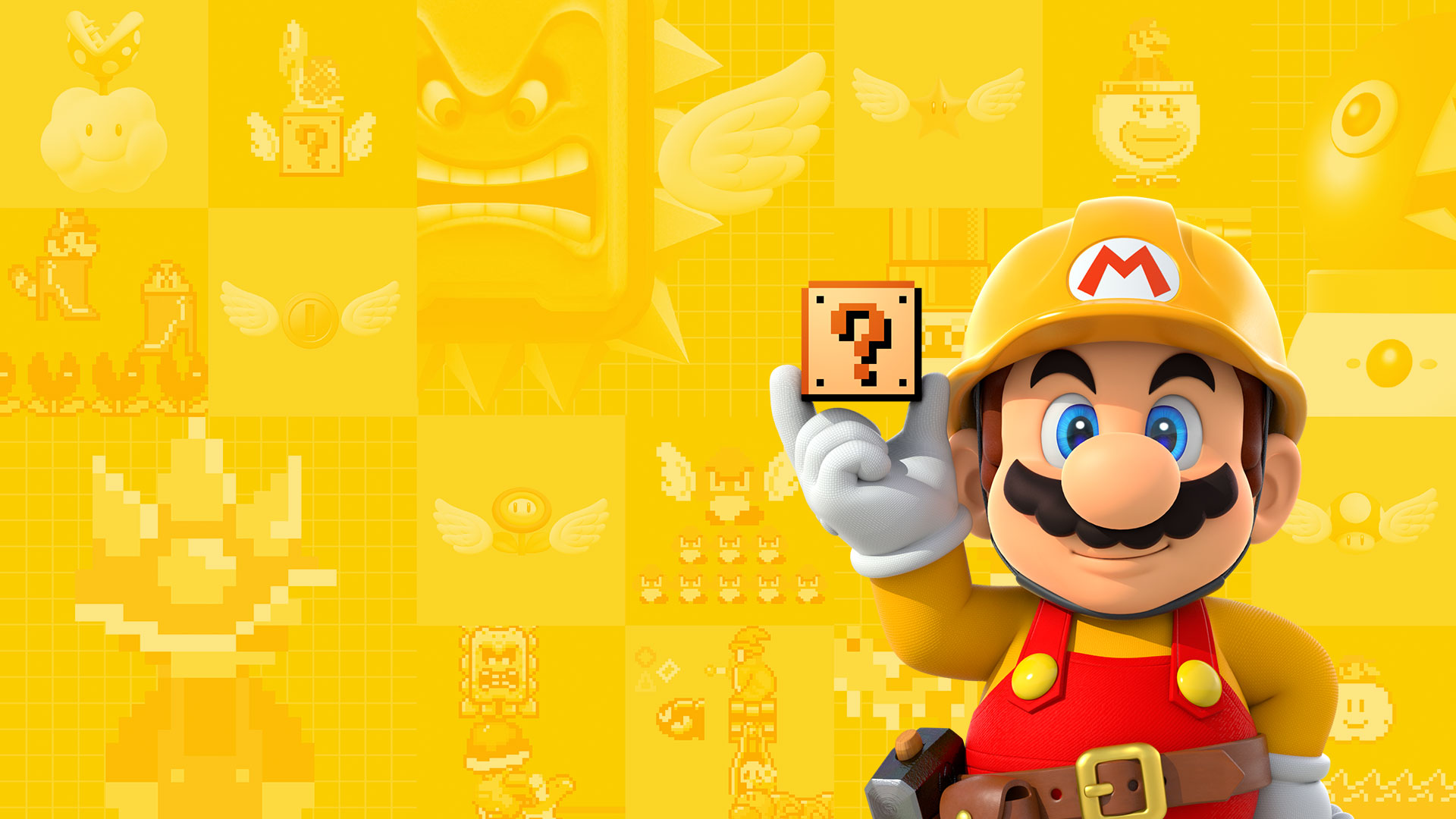 Super Mario Maker 2 wallpaper featuring various elements and characters from the Super Mario series in a grid format, including Builder Mario holding a question mark block