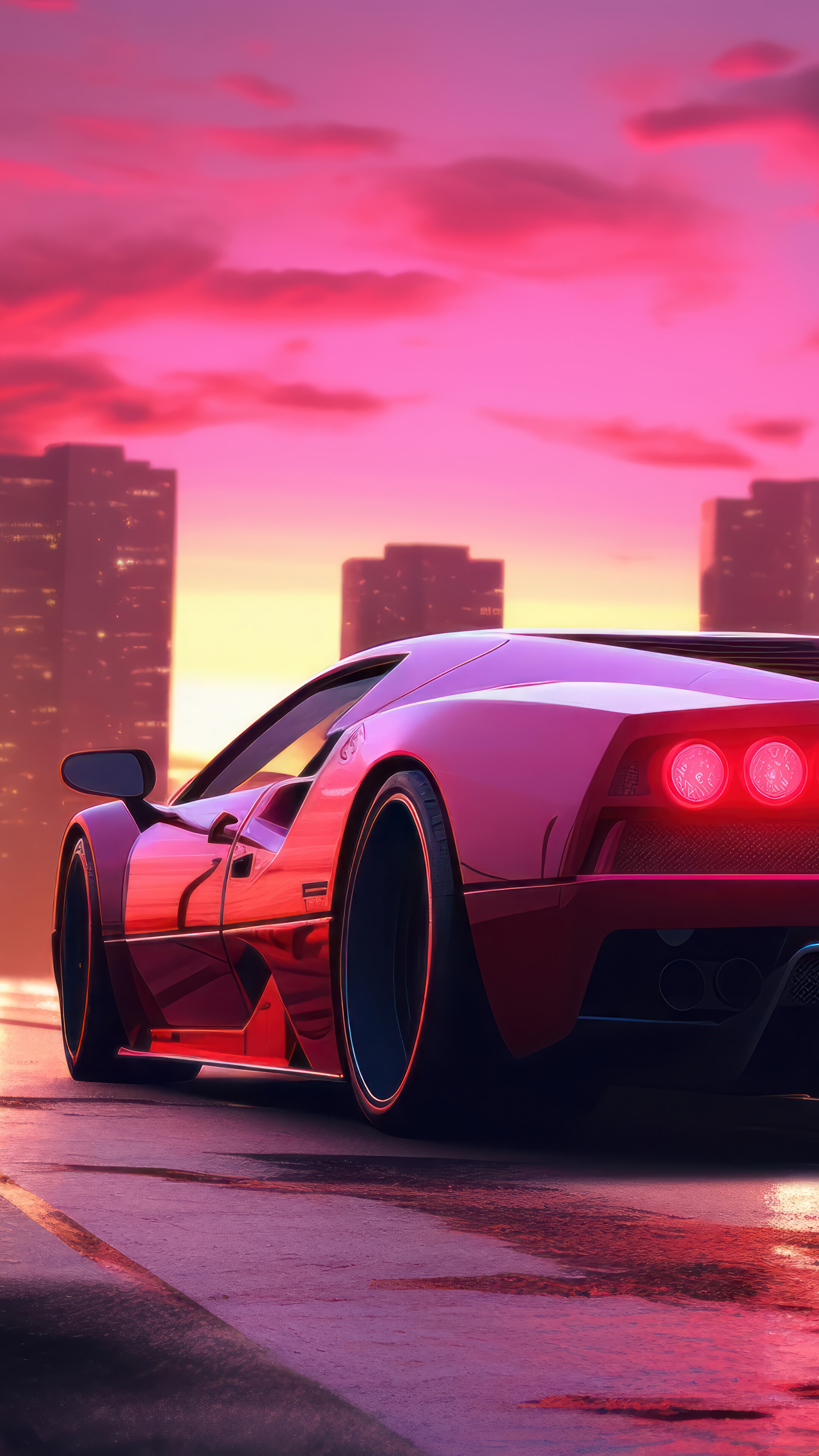 Ferrari Sports Car Palm Trees Retrowave Synthwave 4k Wallpaper