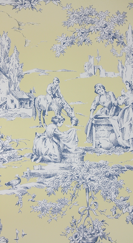 Toile Wallpaper Depicting A Traditional Farmyard Scene In Blue On Pale