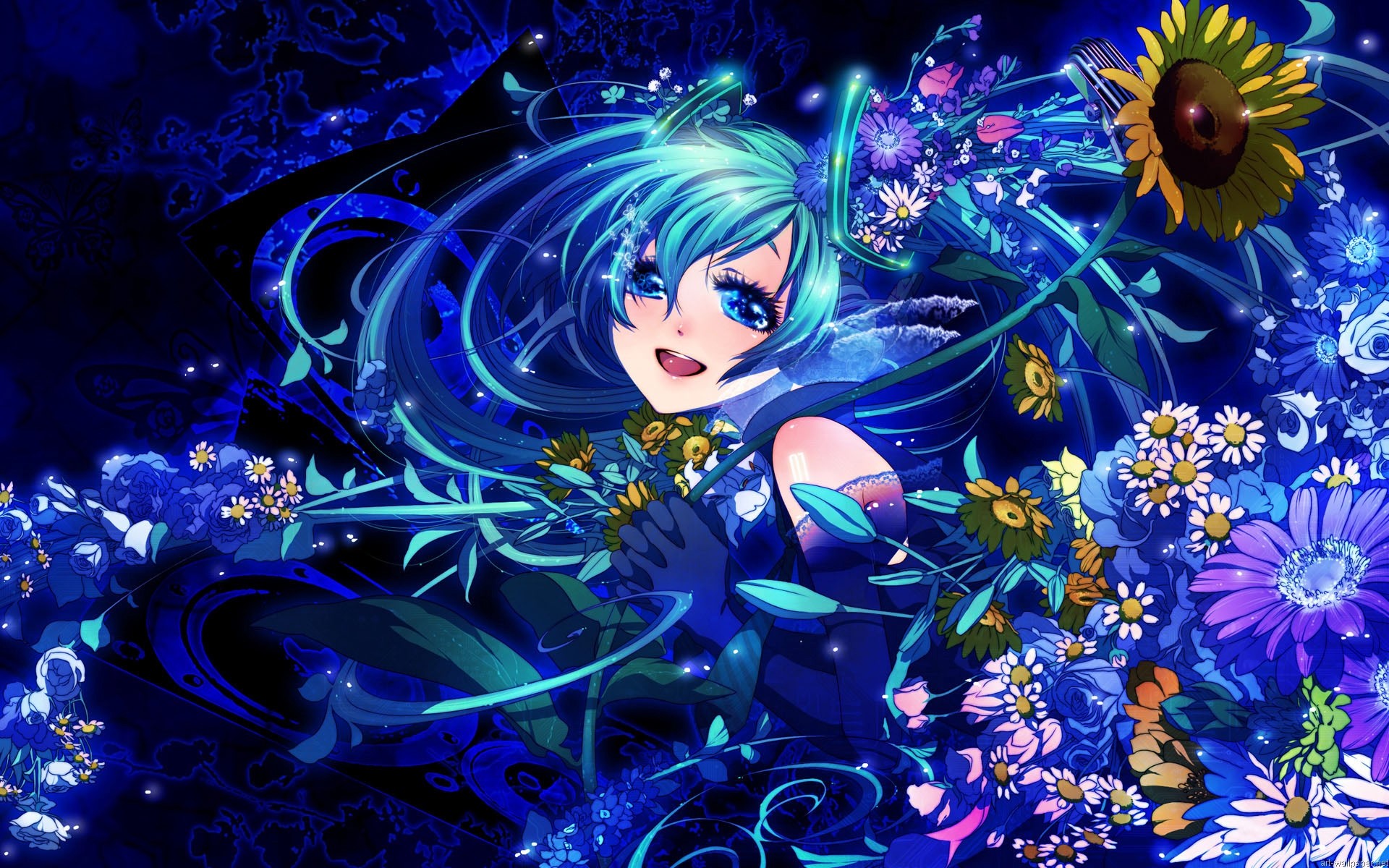 A vibrant anime-style illustration of Hatsune Miku, the virtual idol, surrounded by glowing flowers and vines against a deep blue background. Her iconic turquoise twintails flow around her, adorned with blossoms, creating a captivating and whimsical scene