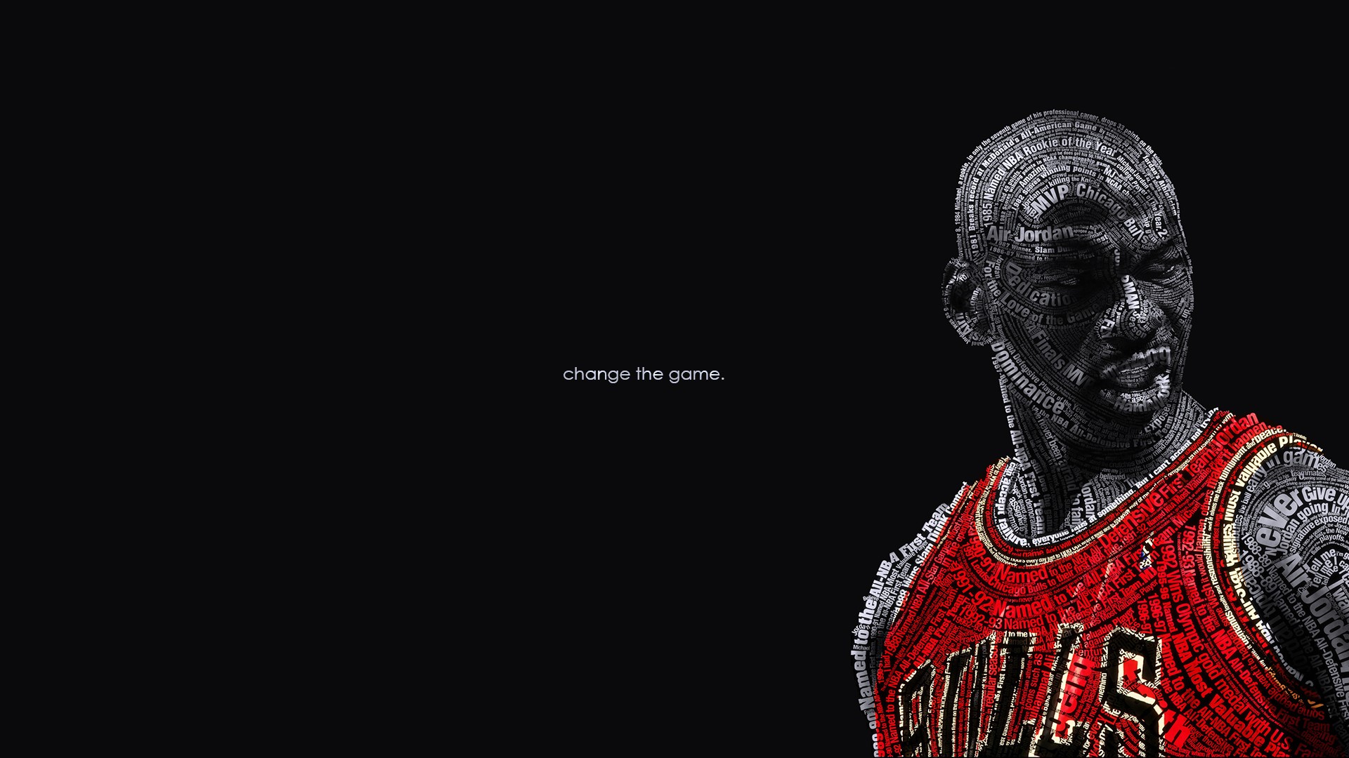 A typographic portrait of Michael Jordan, composed of words and phrases related to his career and achievements. He is wearing a Chicago Bulls jersey, and the background is black